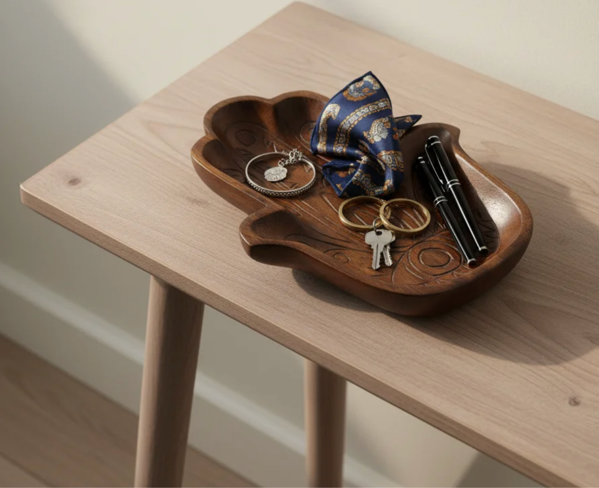 TB009 Hamsa Hand Carved Wooden Tray