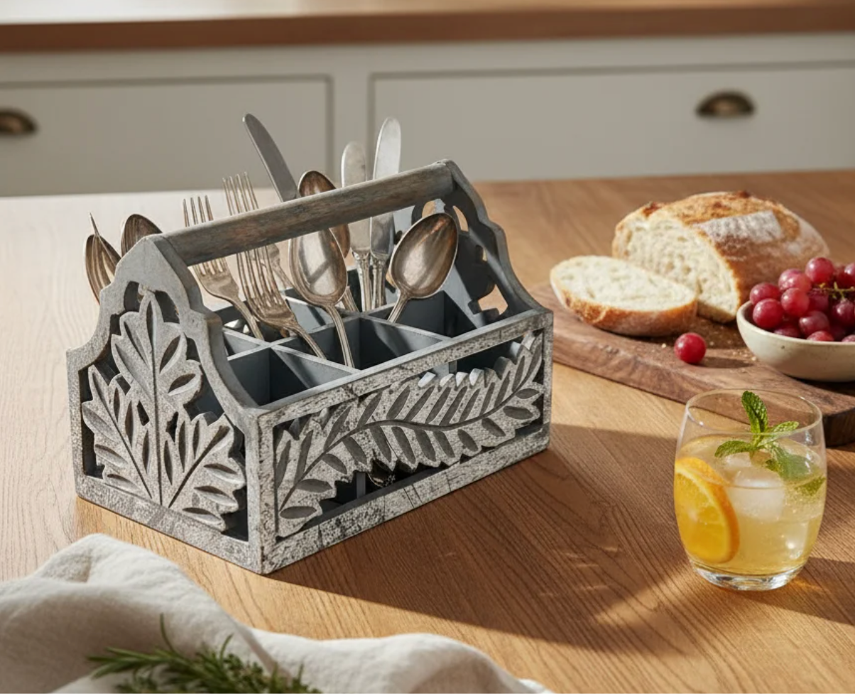 ST004 Wooden Cutlery Caddy with Carved Fern Design