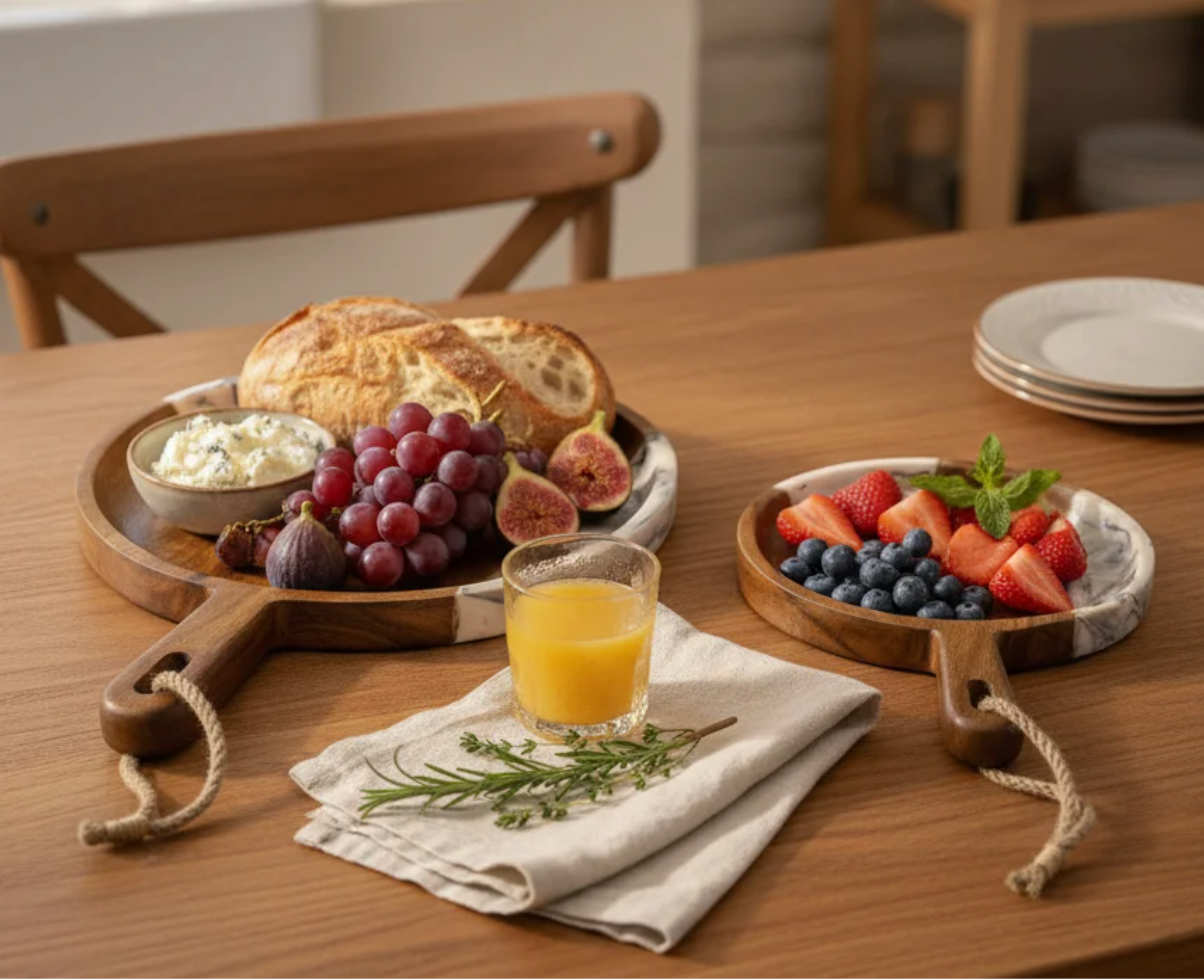 KT022 Wooden Serving Platter with Marble Resin Inlay (Set of 2)