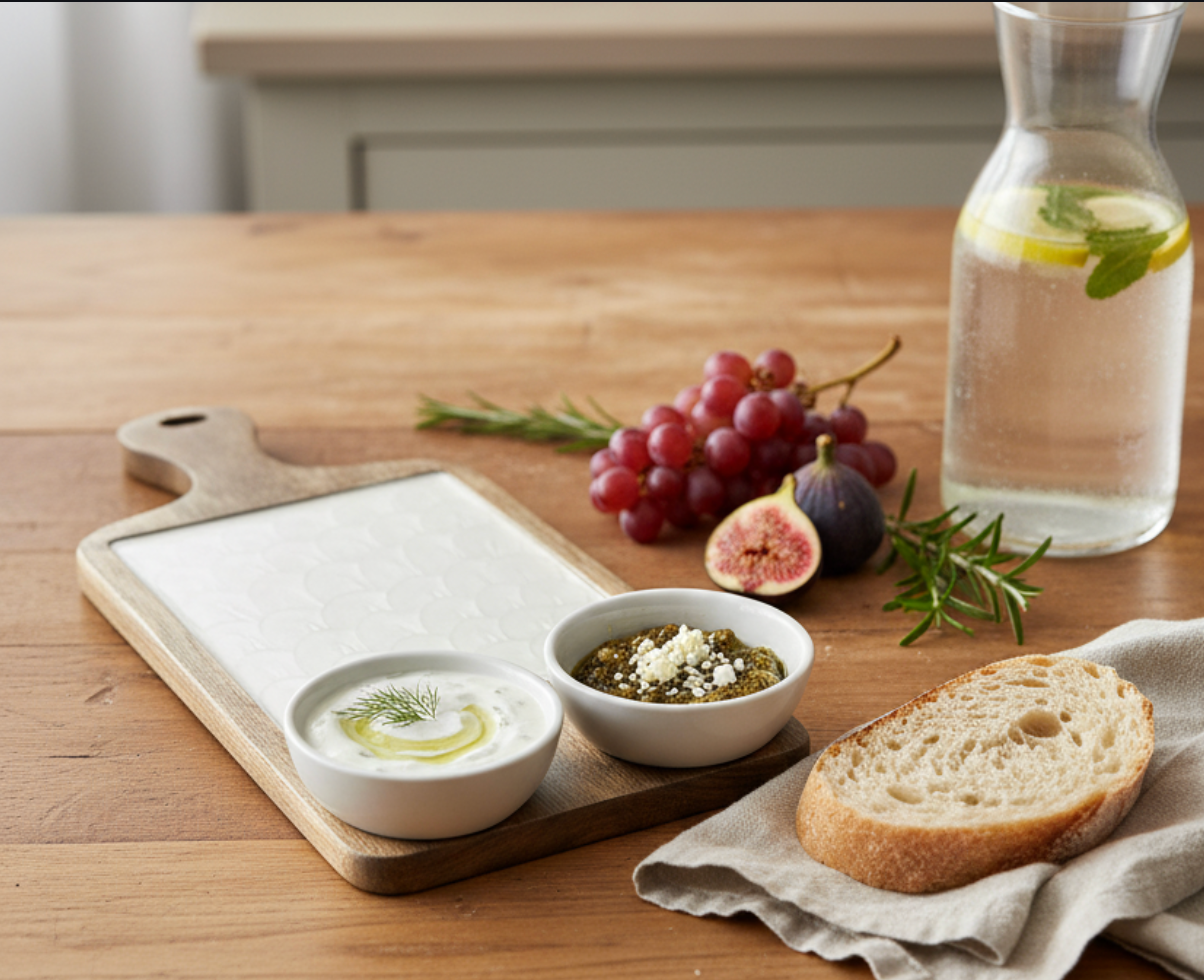 KT021 Wooden Serving Board with Ceramic Bowls