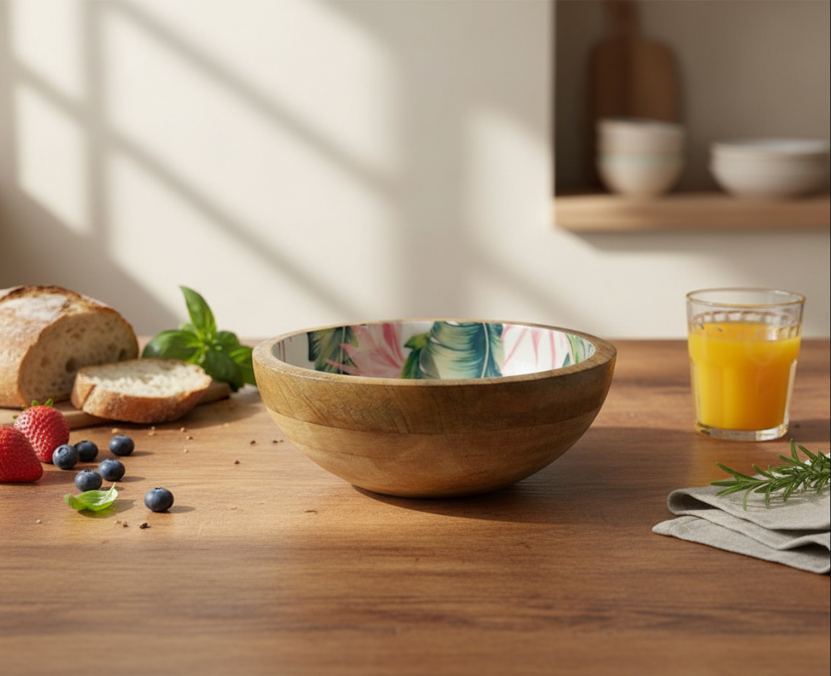 KT026 Mango Wood Bowl with Tropical Leaf Enamel