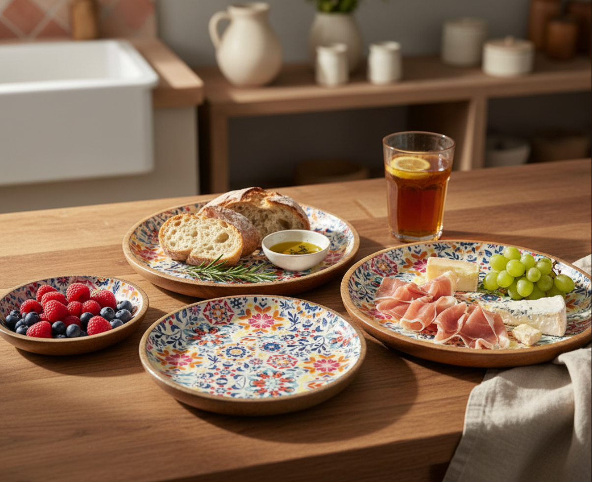 KT024 Mango Wood Nesting Bowls with Floral Enamel (Set of 3)