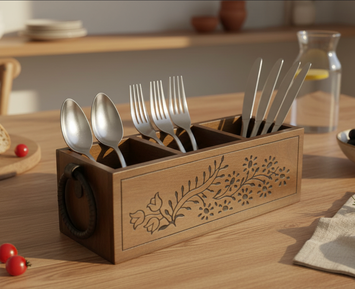 ST006 Wooden Caddy with Floral Cutwork