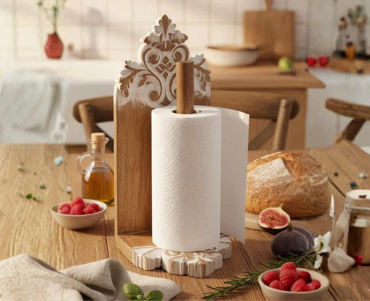 KT029 Ornate Carved Wooden Paper Towel Holder