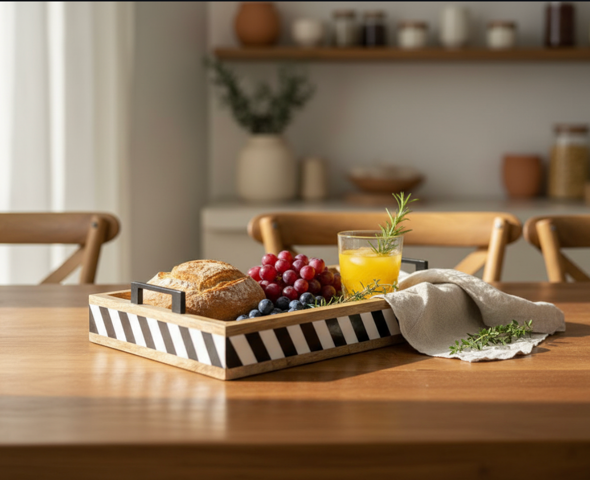KT030 Wooden Tray with Black and White Resin Stripes