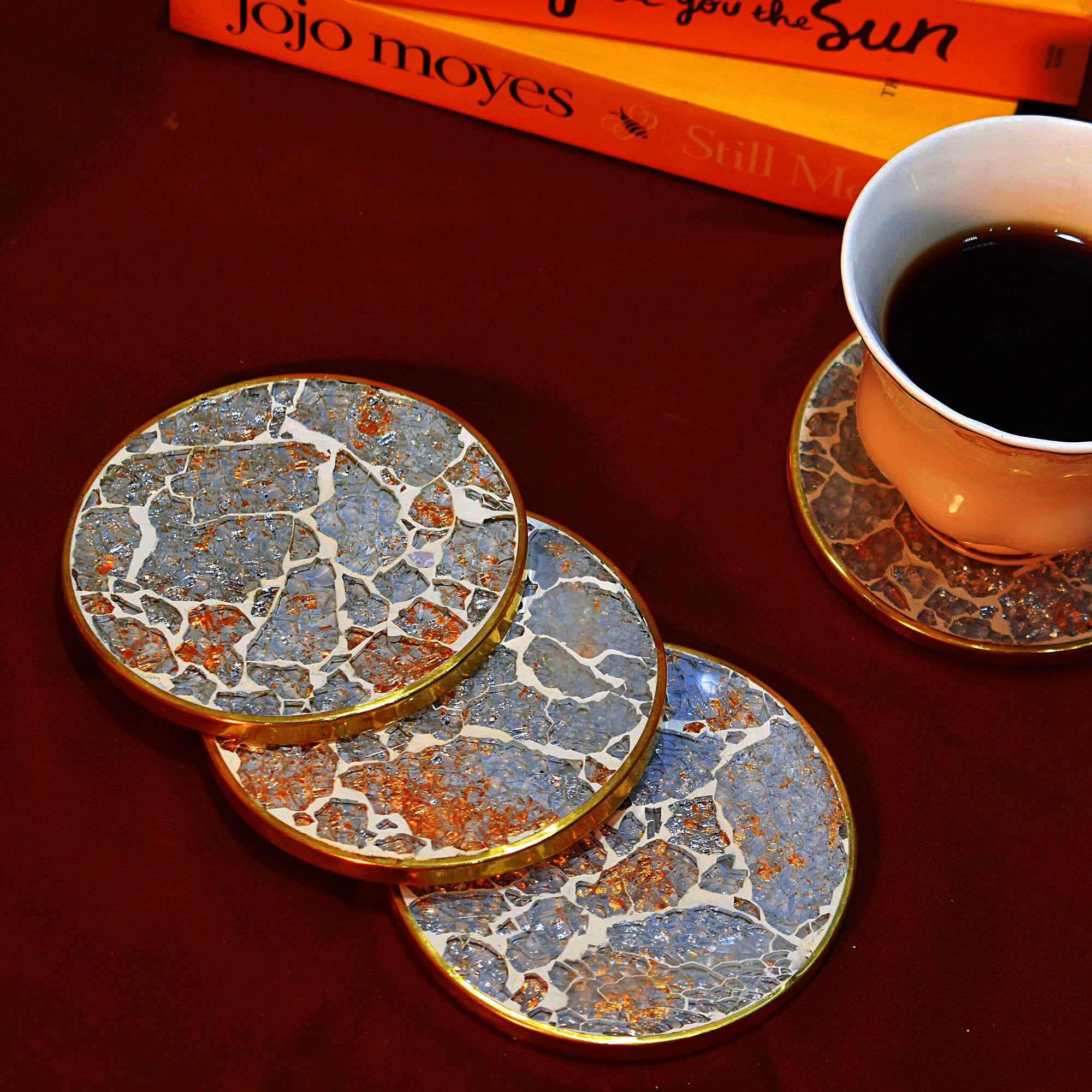 Mosaic Wooden Coaster (White and Gold Glass and Resin)