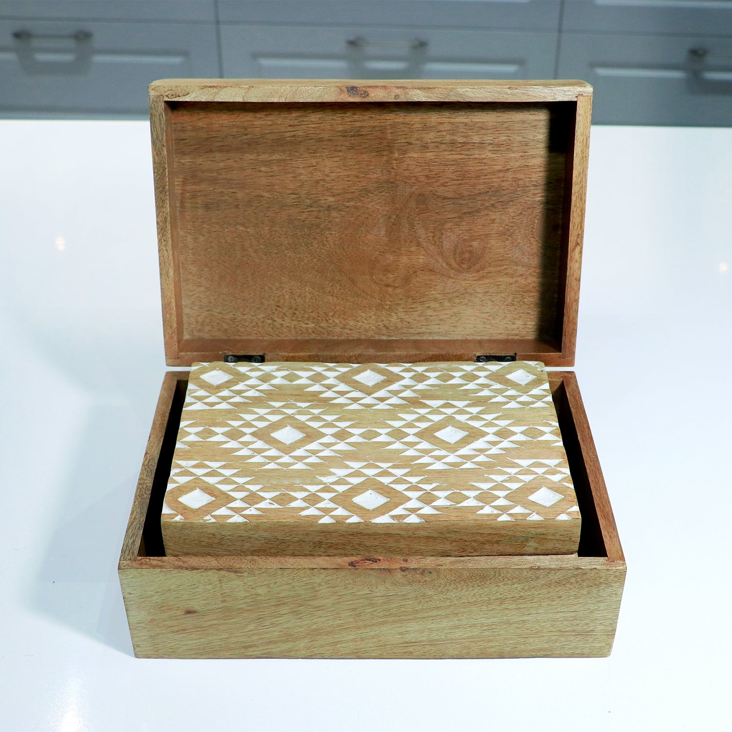 Geomatric Pattern carved jewellry Wooden box (8.75X5X2.75)