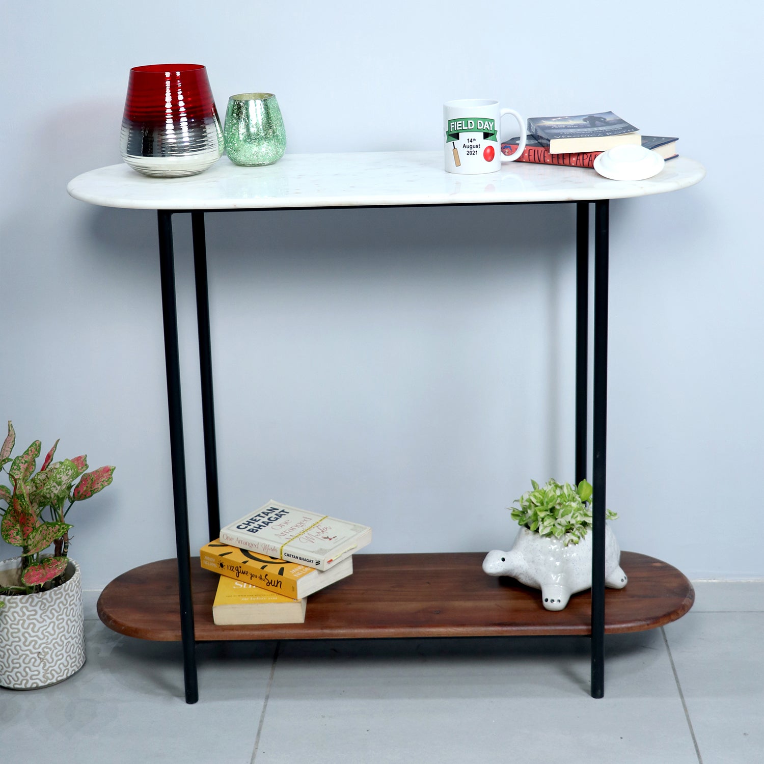 Wooden metal large console with marble top