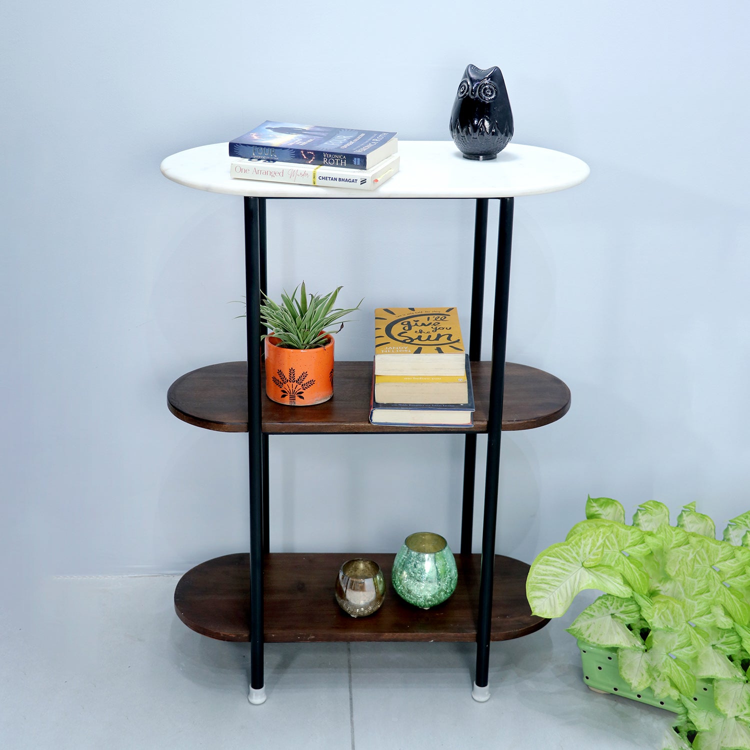 Wooden metal small console with marble top
