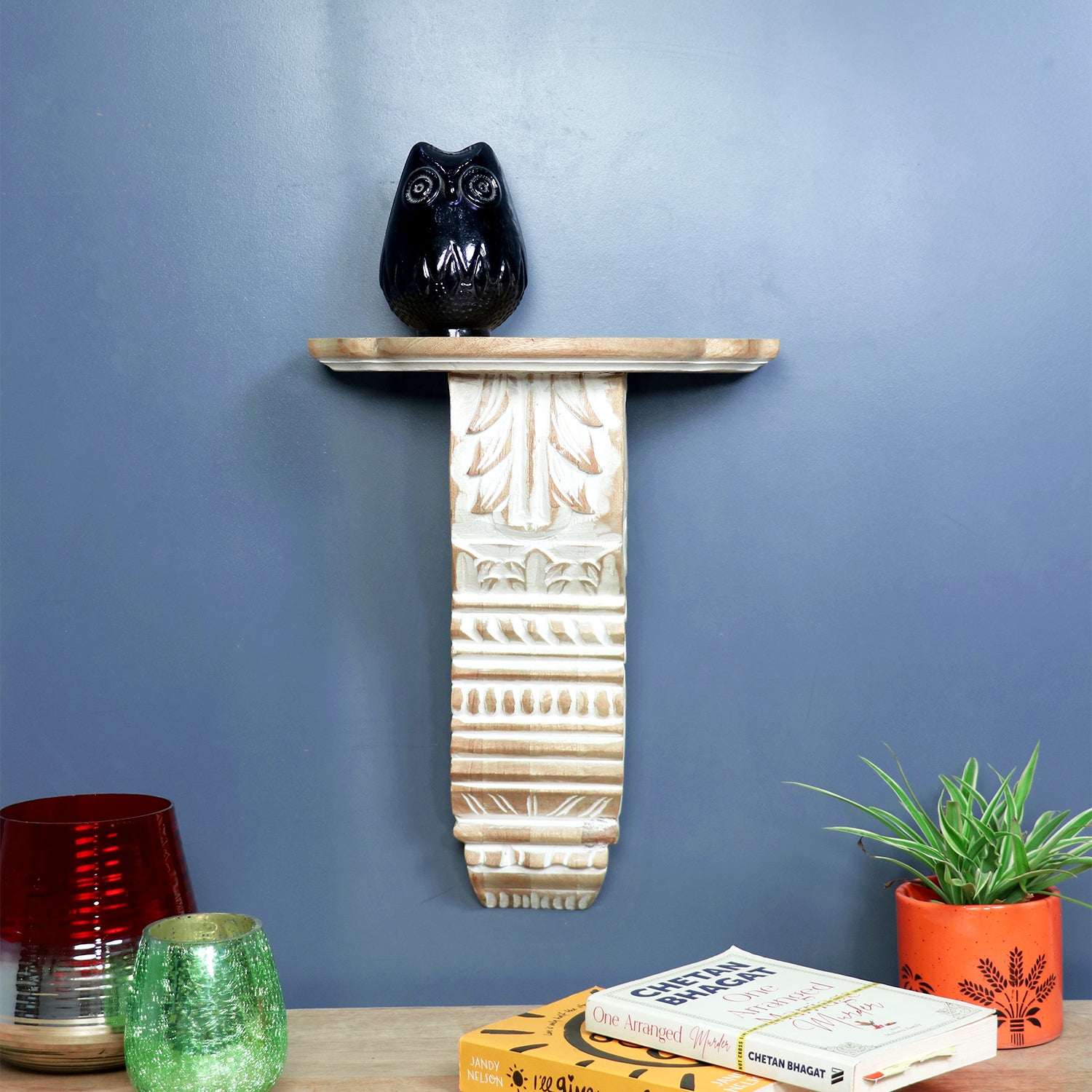 White Wash Carved Wooden Wall Shelf
