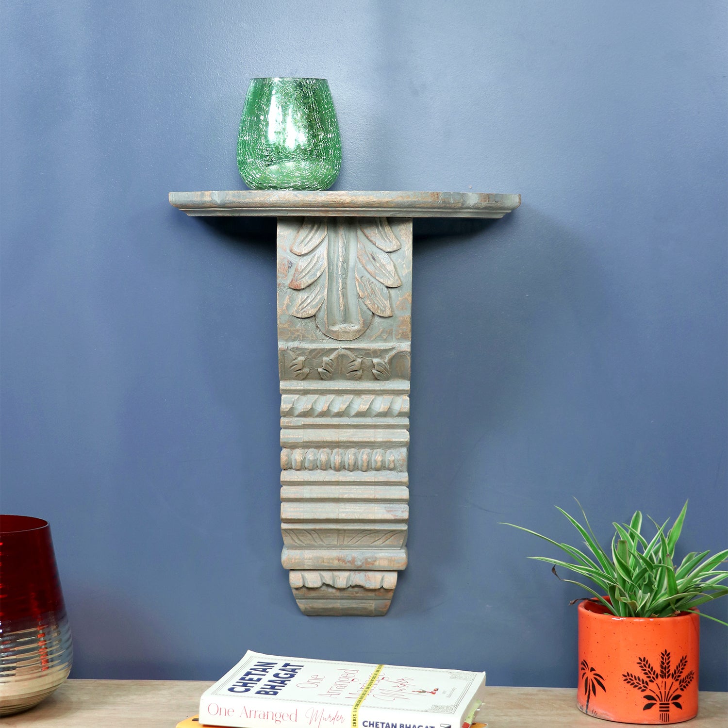 Gray Wash Carved Wooden Wall Shelf