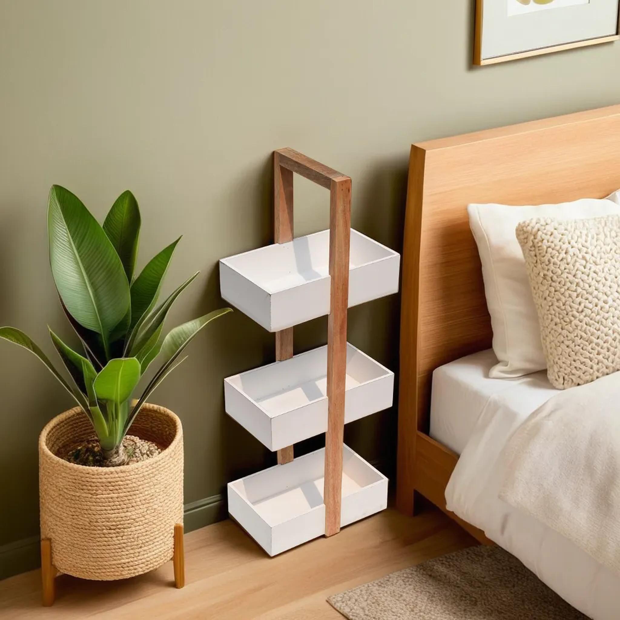 Straight white 3 Tiers Wooden Storage Organizer rack