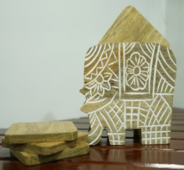 Wooden Carved Elephant Caddy With Coaster