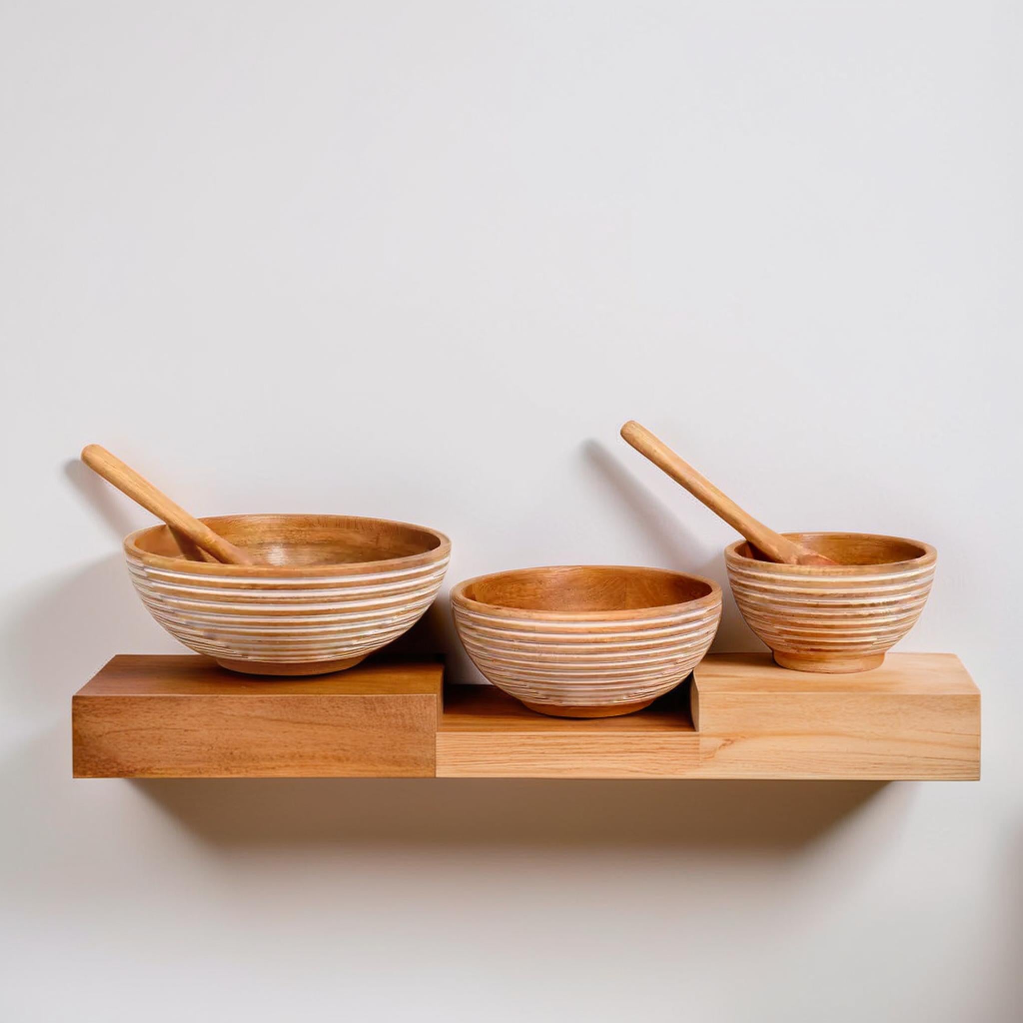 Wooden parallel  white lines  Carved Bowl S/3 with servers