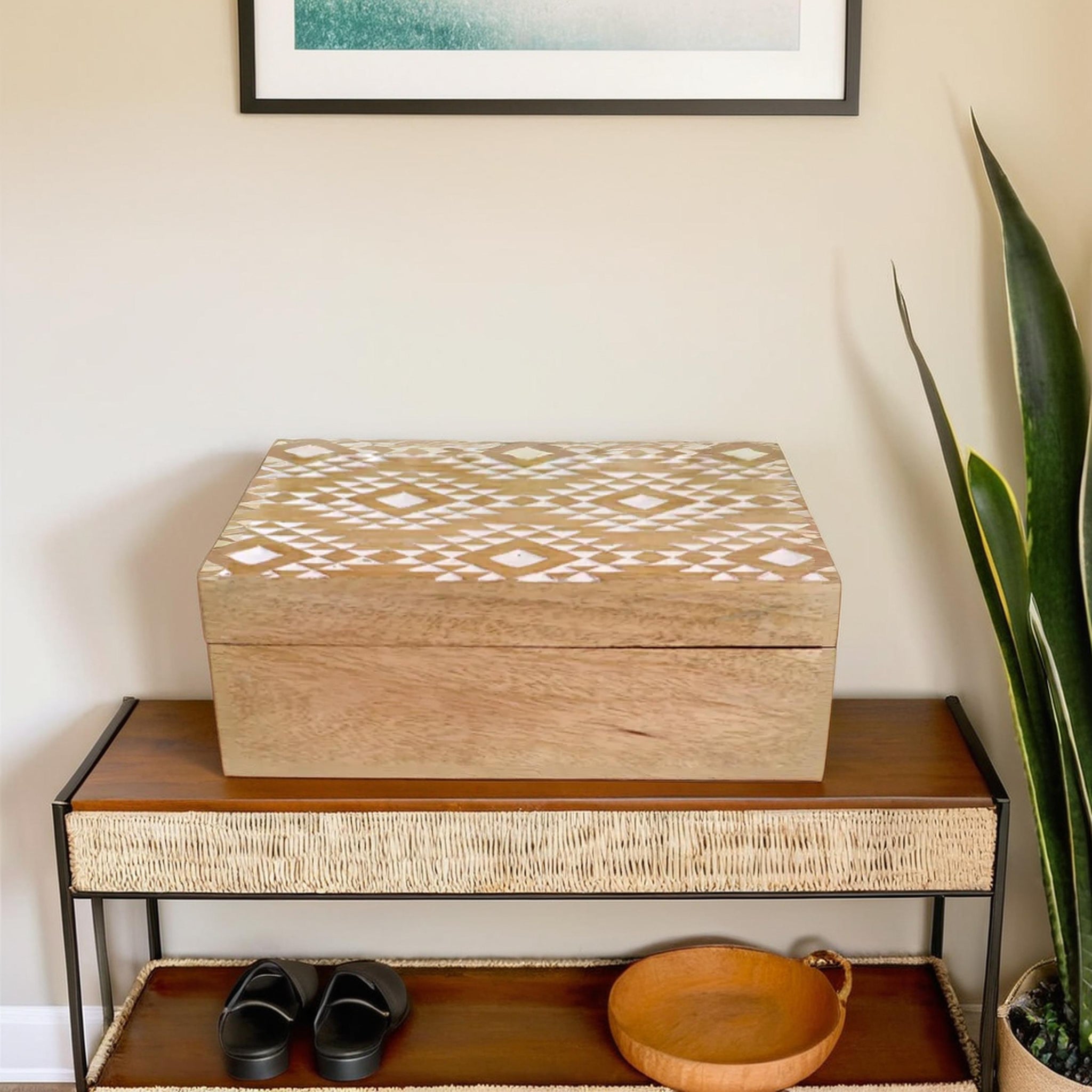 Geomatric Pattern carved jewellry Wooden box (8.75X5X2.75)