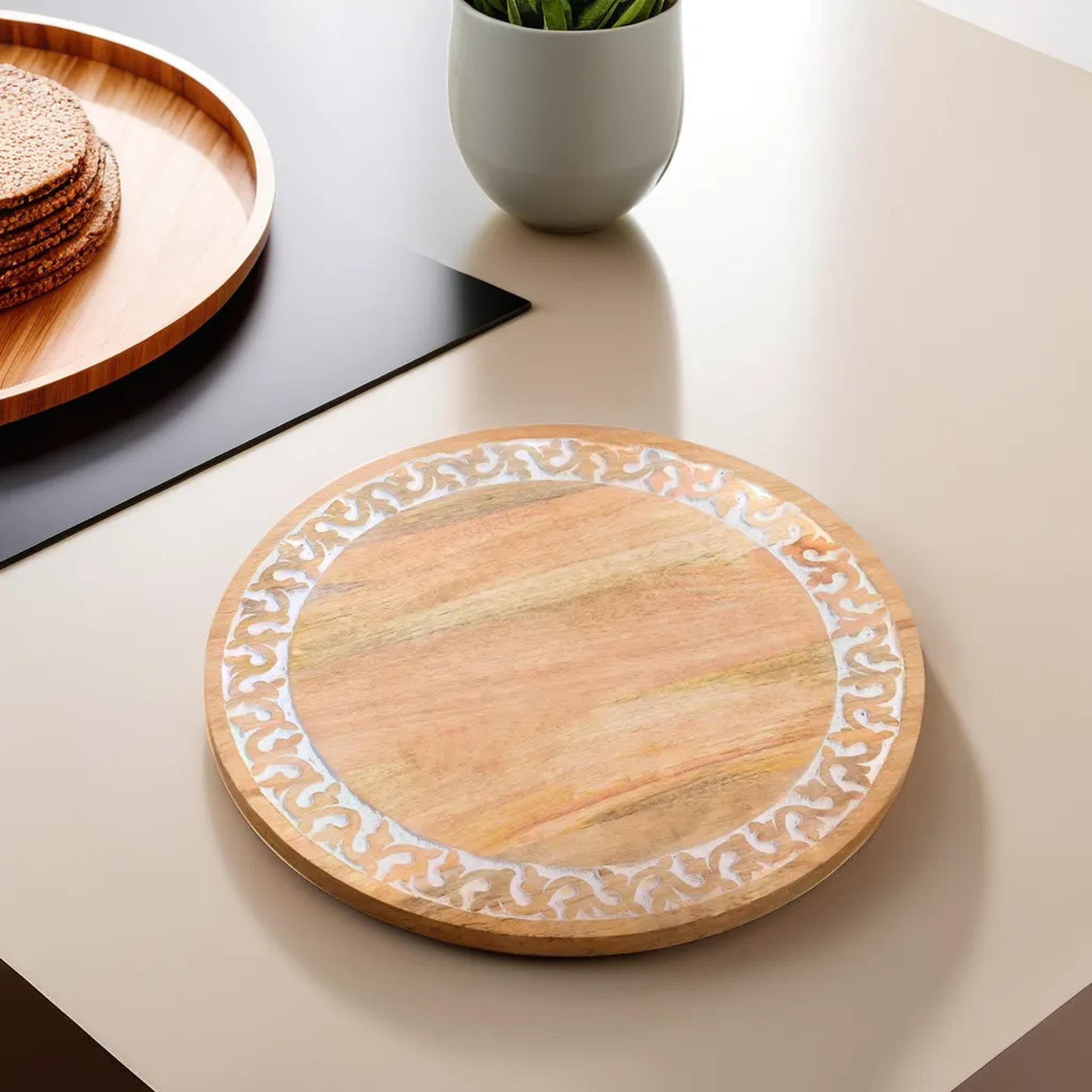 Wooden Detailed border white natural Lazy Susan