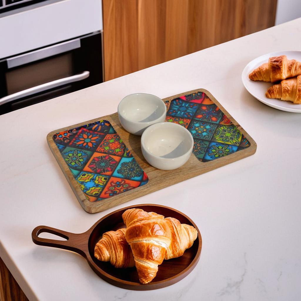 Wooden Decal Serving Platter  With Two Ceramic Bowl
