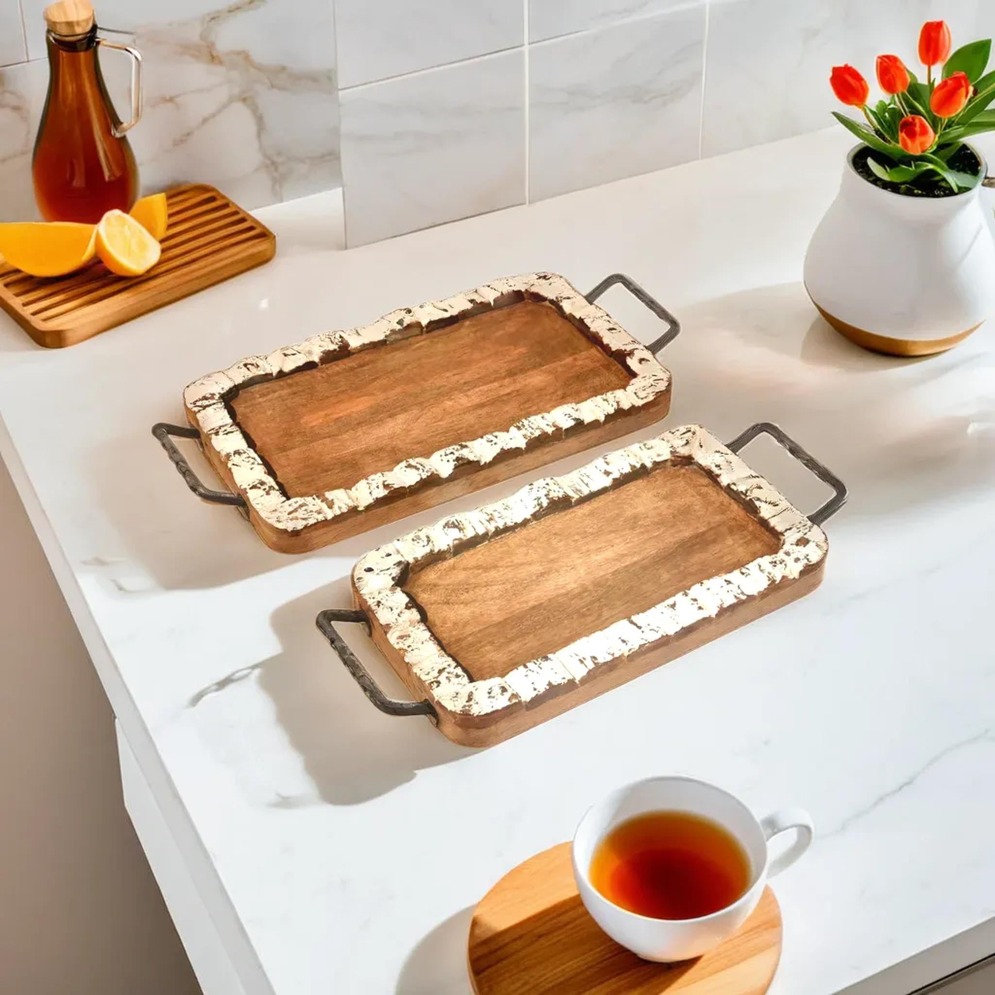 Rustic Wooden Serving Tray with Distressed White Border and Metal Handles - Handcrafted Decorative Tray for Home Entertaining