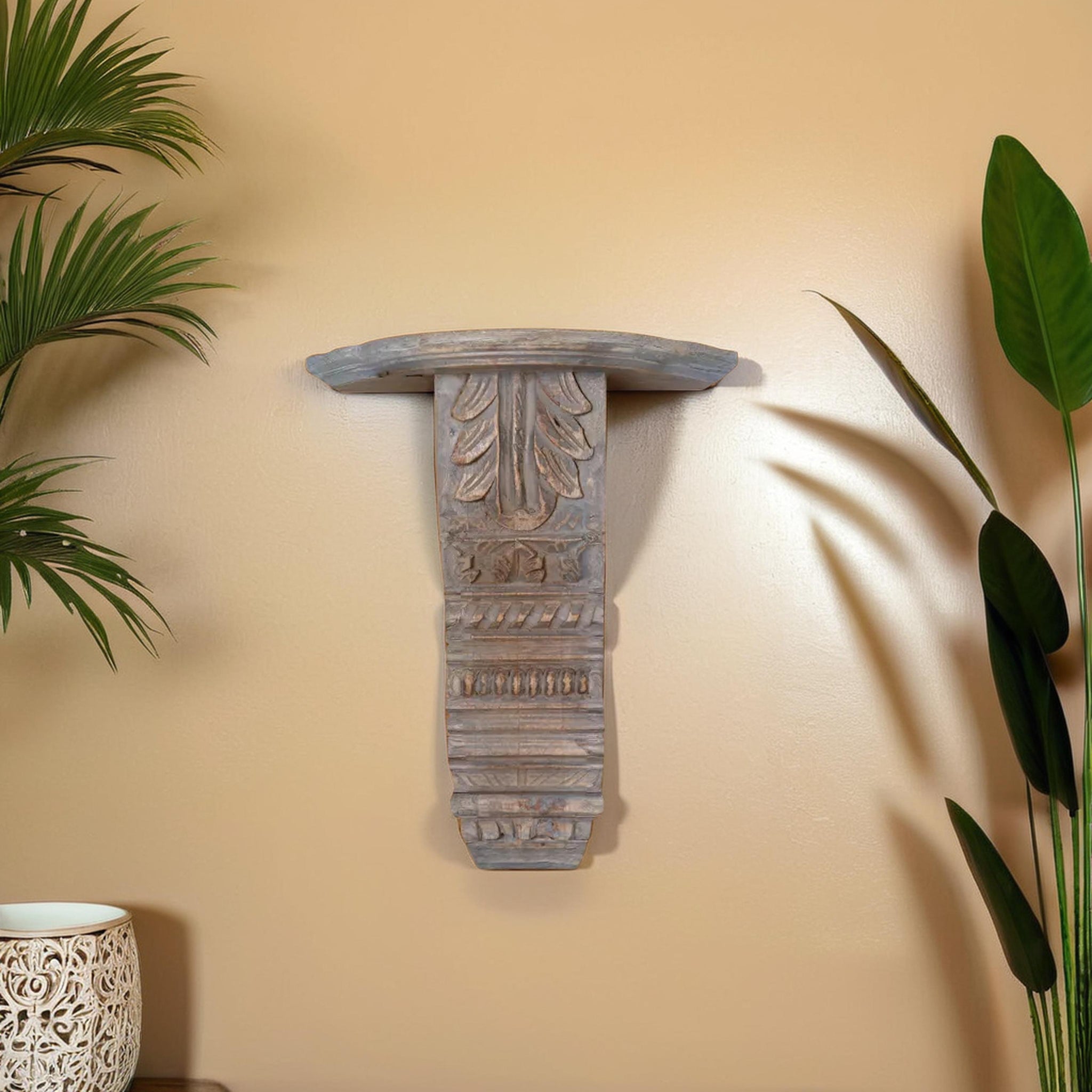 Gray Wash Carved Wooden Wall Shelf