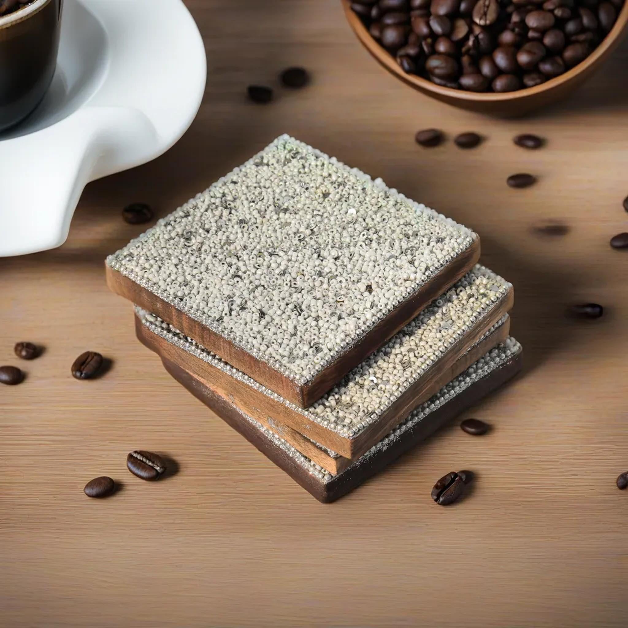 White Beads Wooden Handmade Square Coaster Set (10x10cm) for Home, Office Table, Gift (Pack of 4)