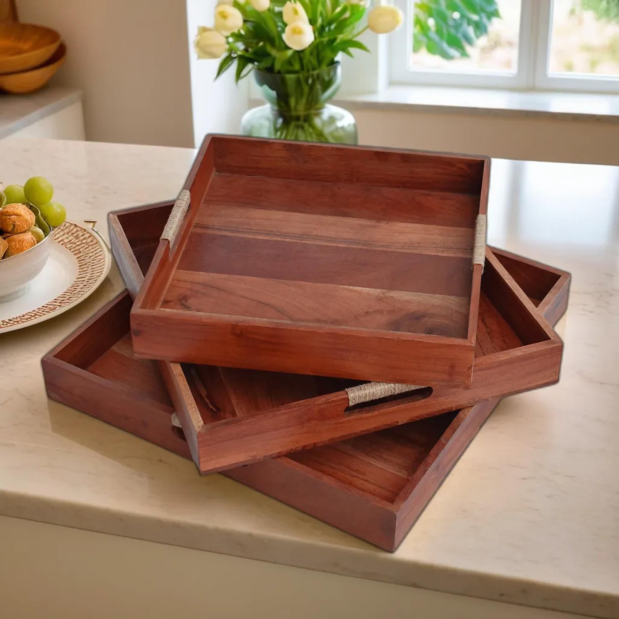 Jute Wooden handles Acacia tray