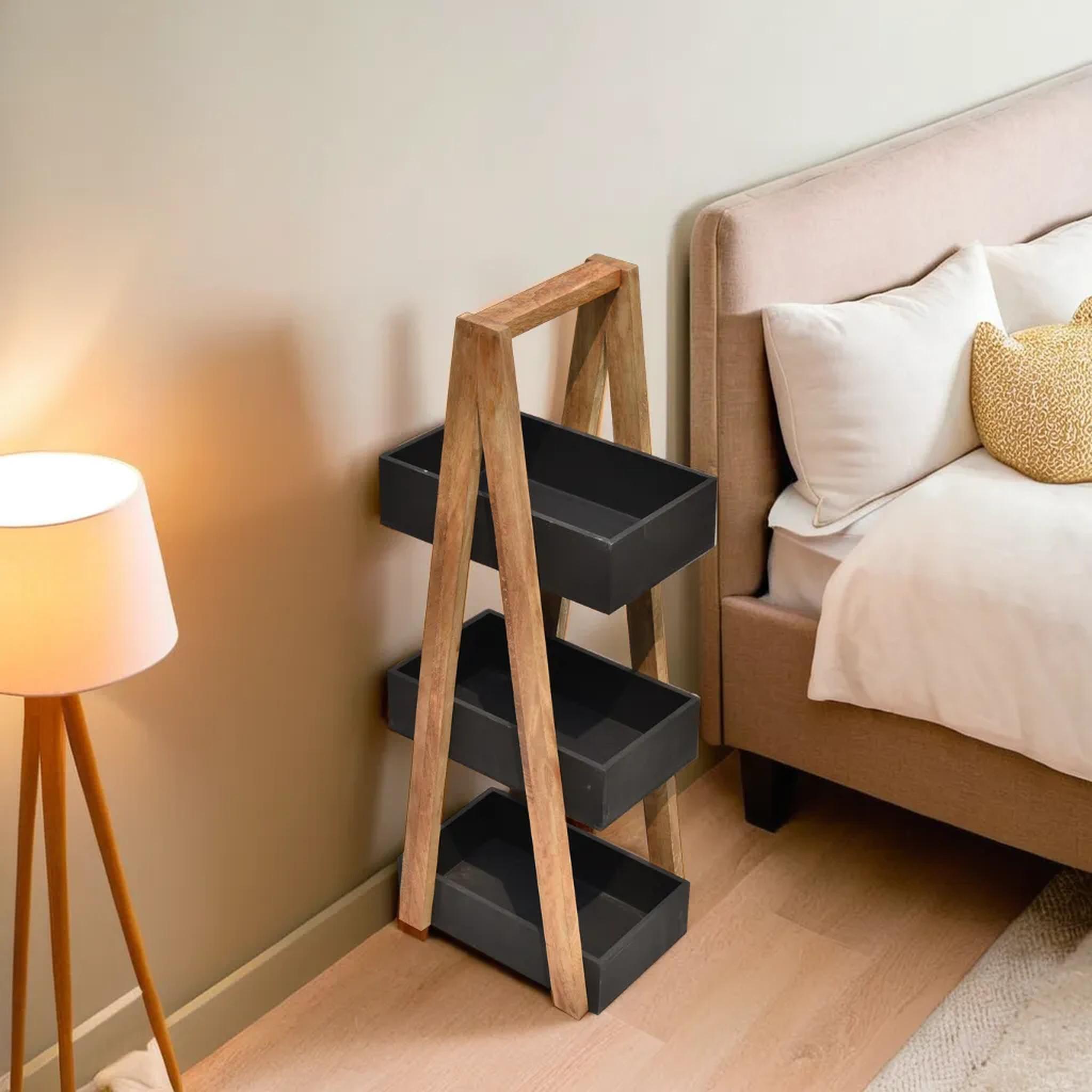 Triangular black 3 Tiers Wooden Storage Organizer Slim Rack Shelf