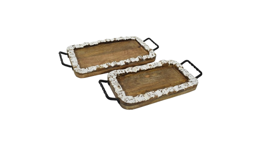 Rustic Wooden Serving Tray with Distressed White Border and Metal Handles - Handcrafted Decorative Tray for Home Entertaining