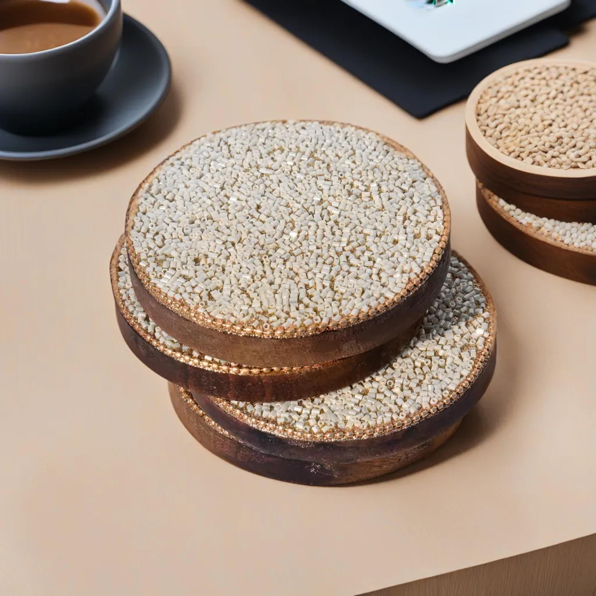 White Beads Wooden Handmade Round Coaster Set (10x10cm) for Home, Office Table, Gift (Pack of 4)