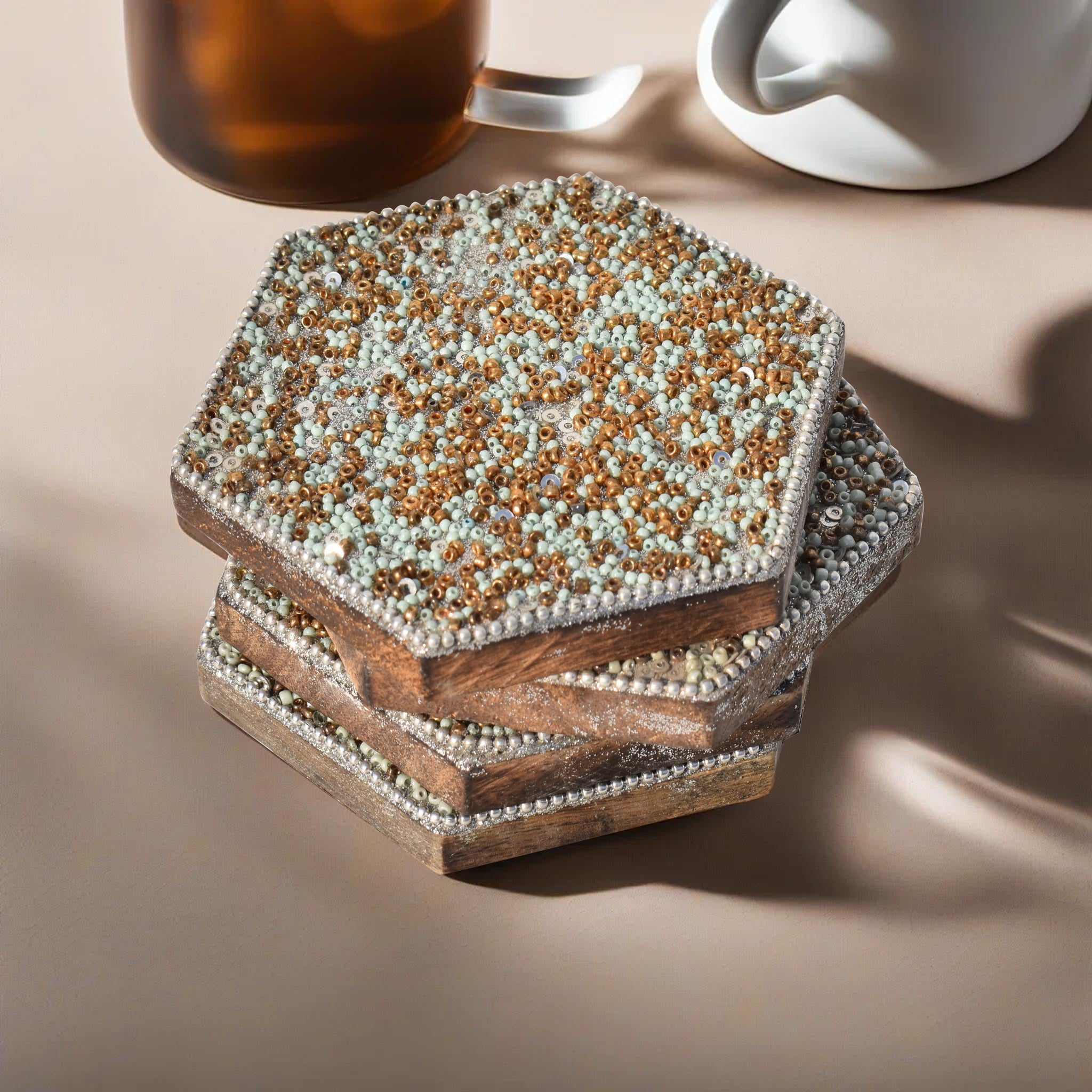 Golden & Light Green Beads Wooden Handmade Hexagon Coaster Set (10x10cm) for Home, Office Table, Gift (Pack of 4)