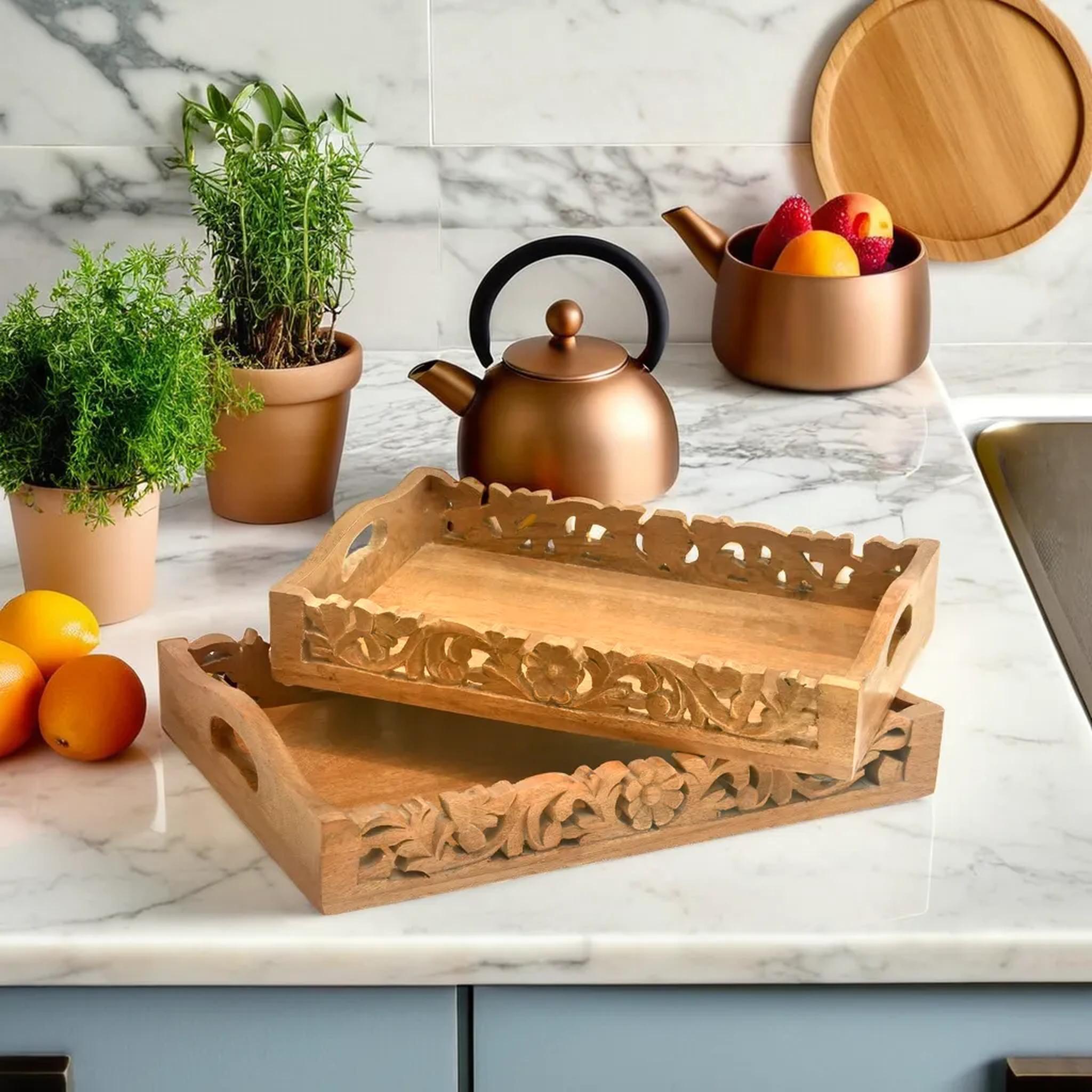 Antique carved dark Wooden Tray S/2