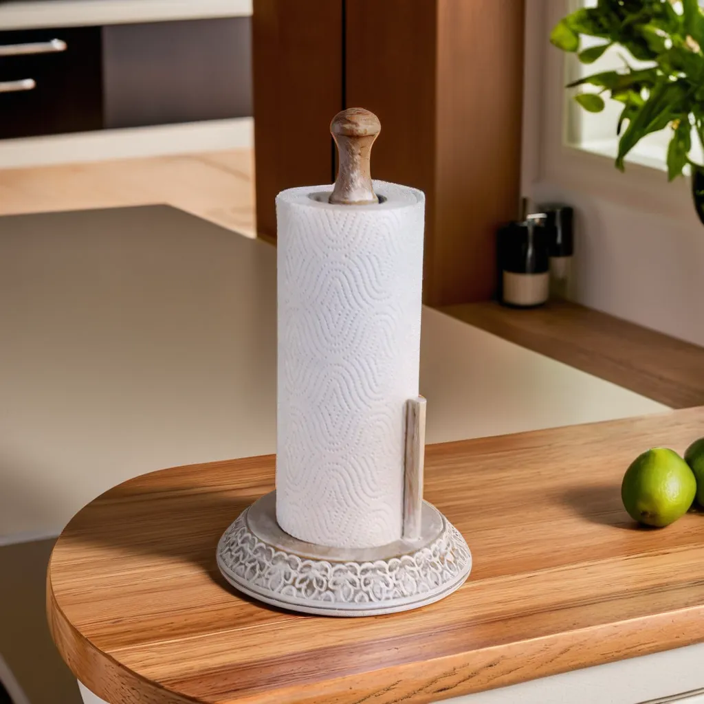 White wash carving detail Wooden Kitchen Towel Holder