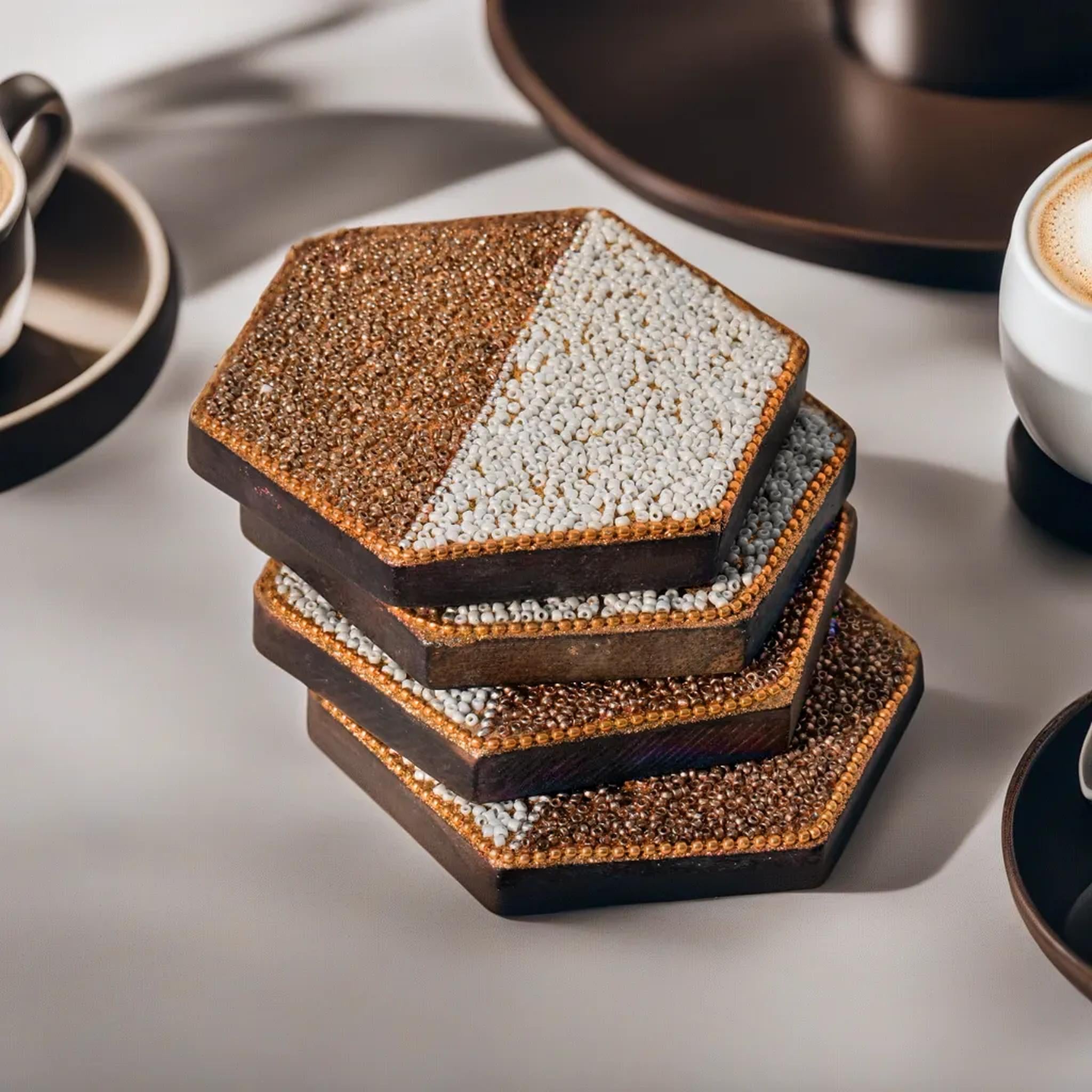 White & Golden Beads Wooden Handmade Hexagon Coaster Set of 4 (10x10cm) for Home, Office Table, Gift (Pack of 4)