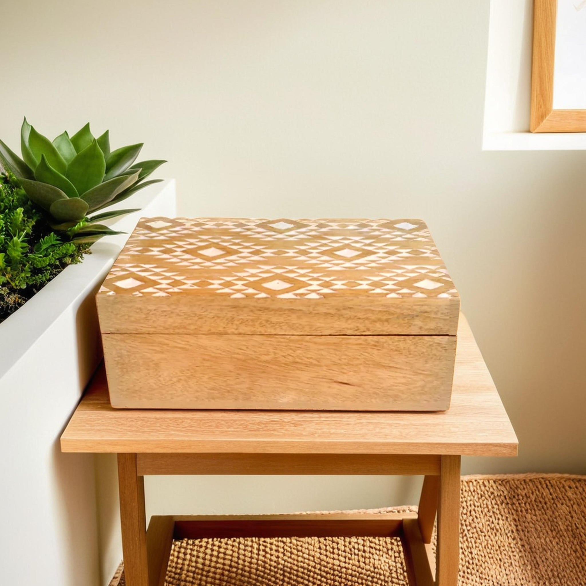 Geomatric Pattern carved jewellry Wooden box (12X8X4.75)