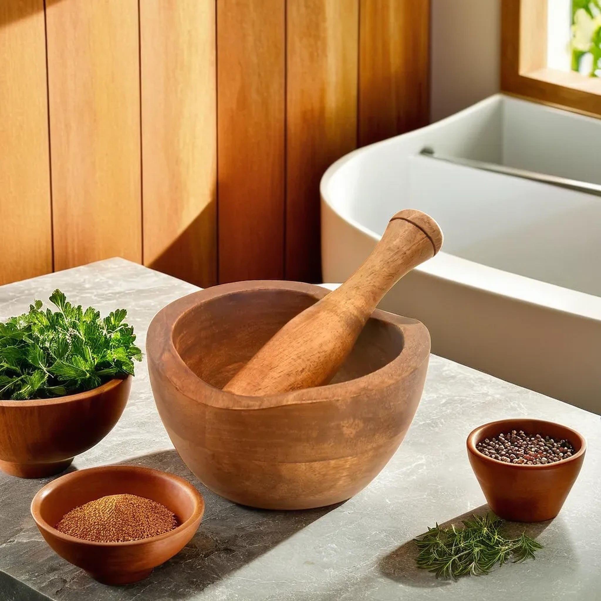 Wooden Carve edges design Mortar & Pestle