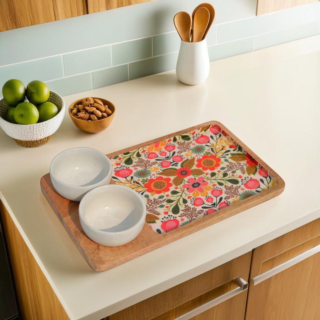 Wooden Decal Serving Platter  With Two Ceramic Bowl