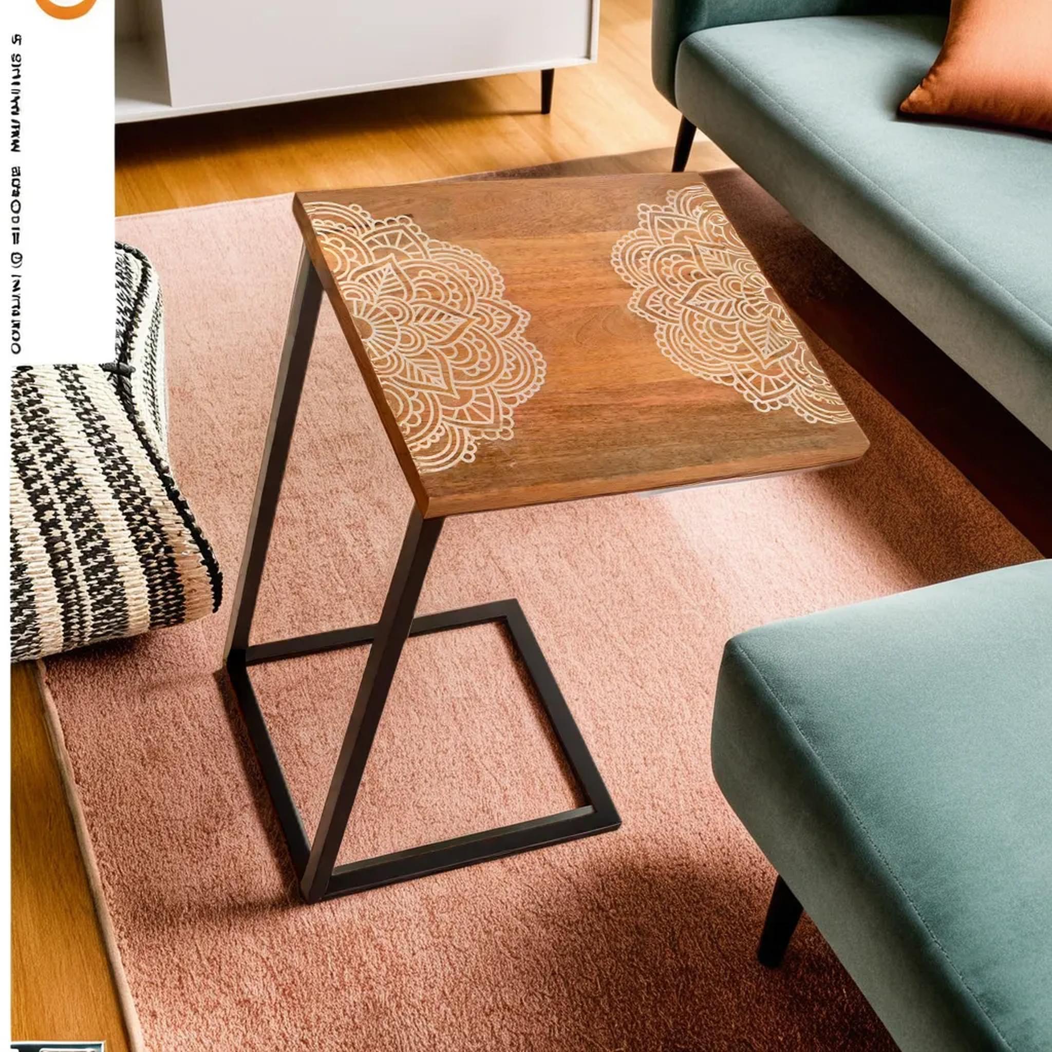 Wooden Mandala Stencil White Natural Contemporary C-Shape Side Table (GD1640)