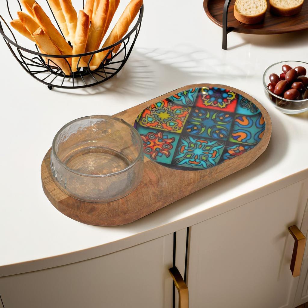 Wooden Decal Ovel Serving Platter with Glass Dip Bowl