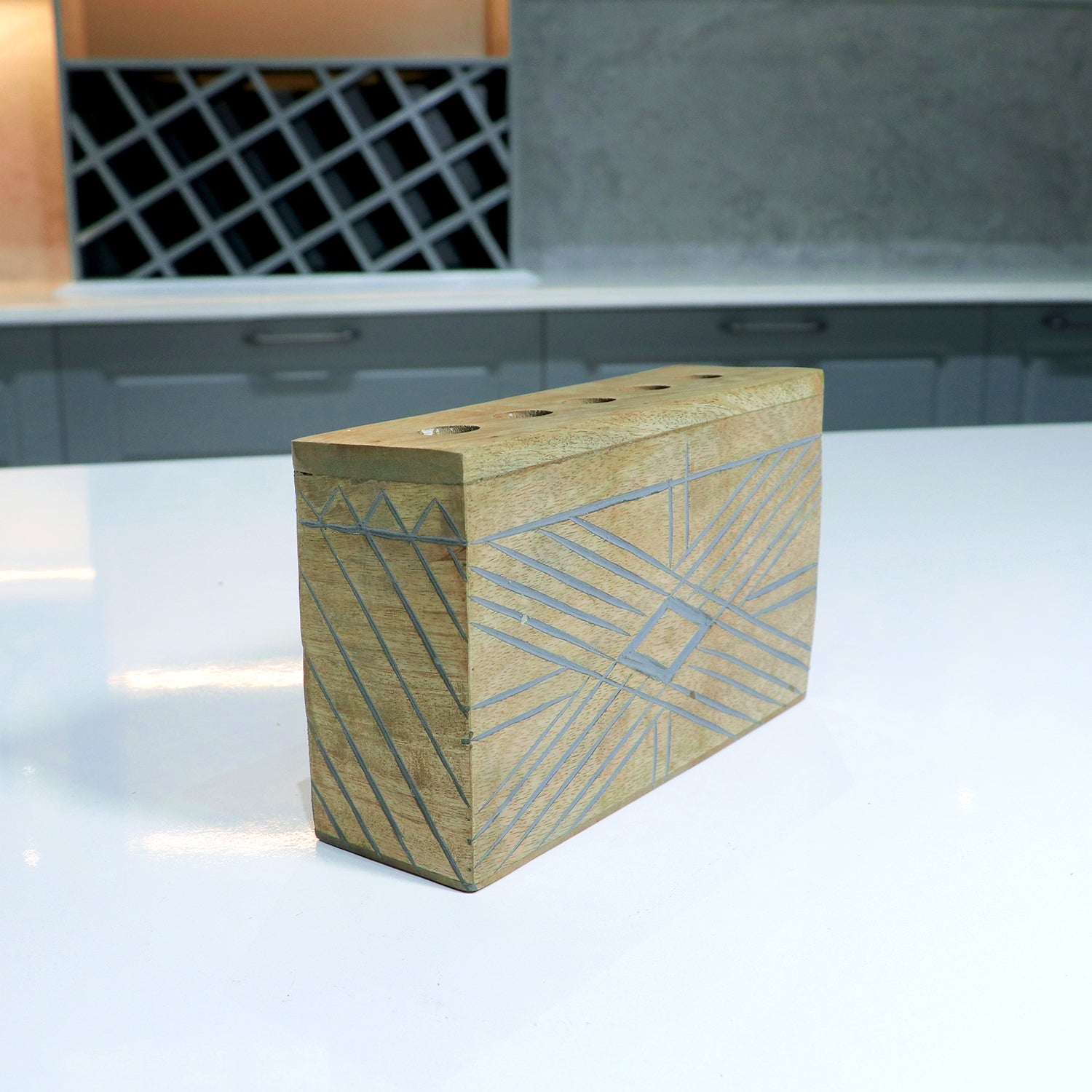 Wooden Line art carved make up brush holder