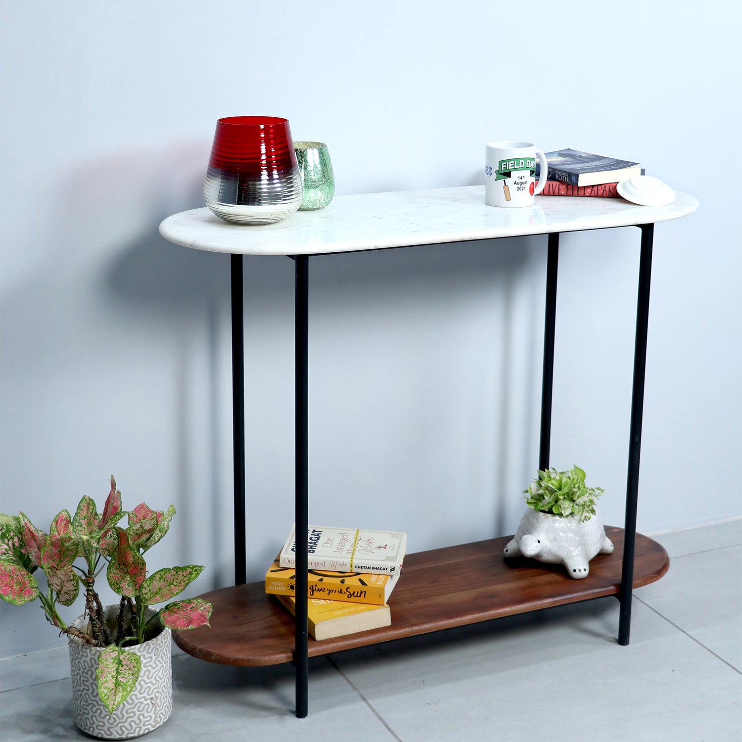 Wooden metal large console with marble top