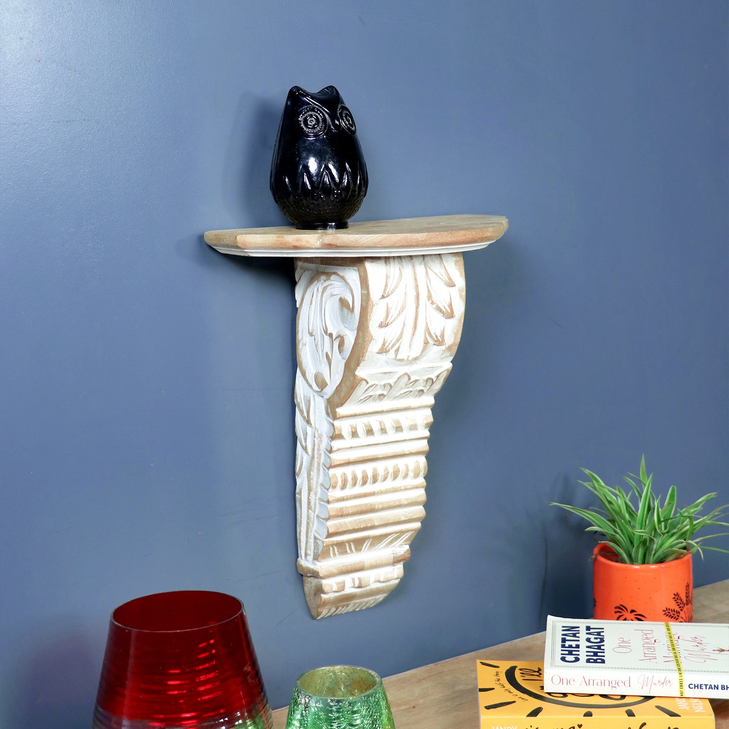 White Wash Carved Wooden Wall Shelf