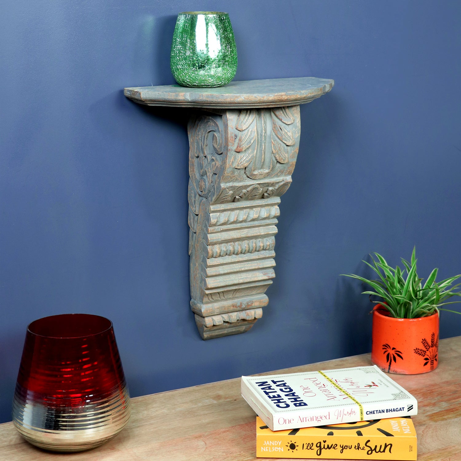 Gray Wash Carved Wooden Wall Shelf