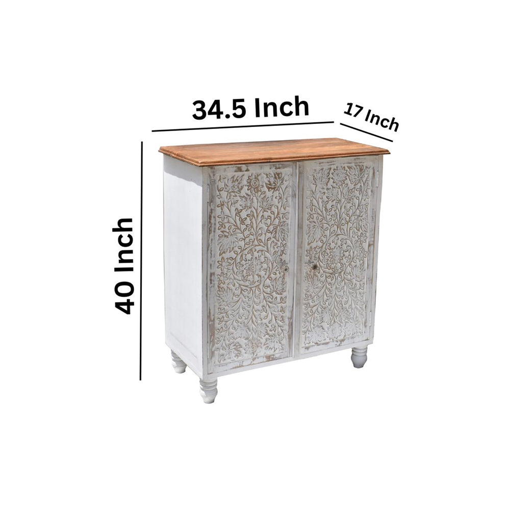 Wooden Carved Cabinet with White Antique Finish | Handcrafted Storage Cabinet