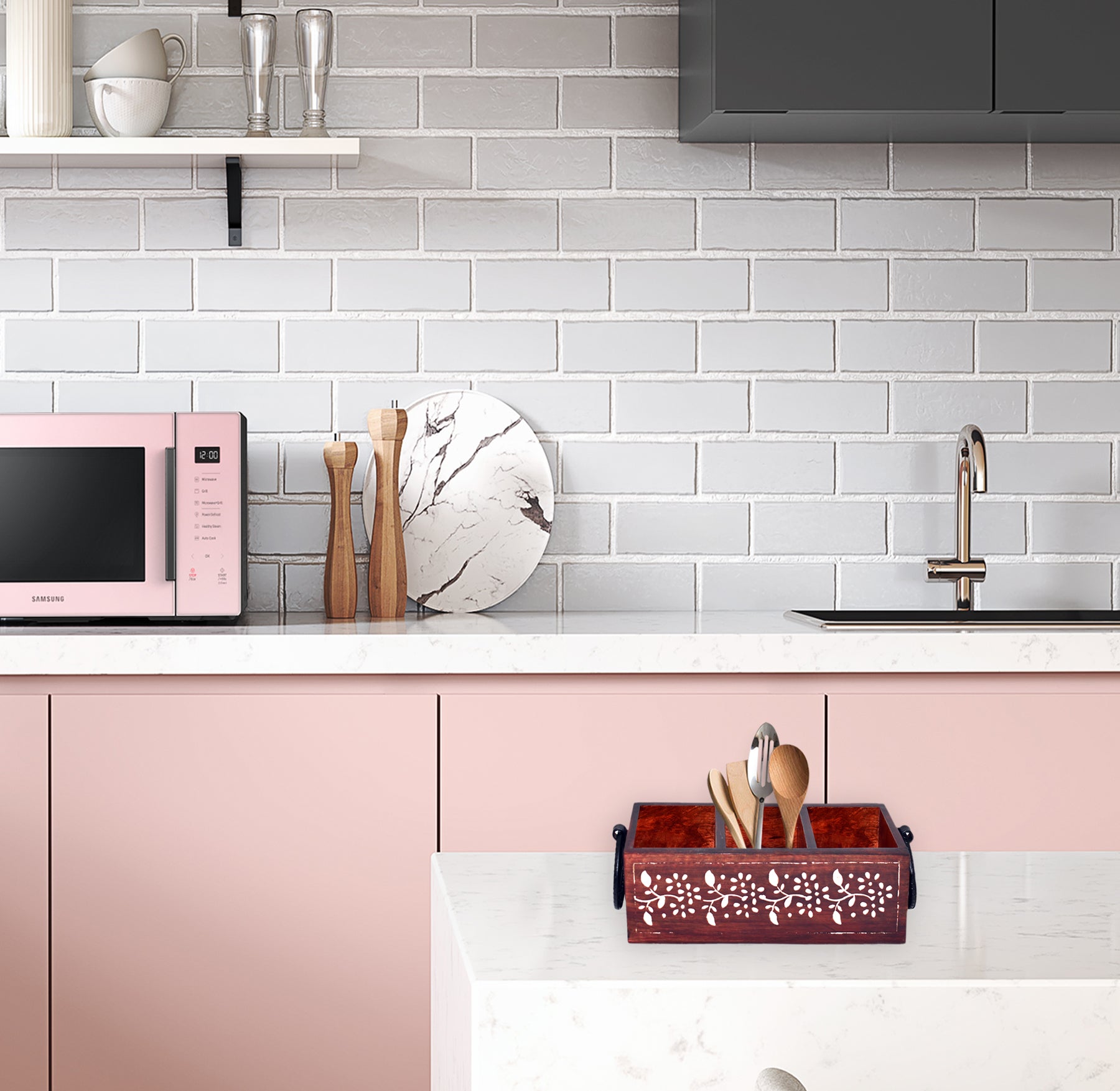 Wooden Carved, Utensil Caddy (GD1699A)