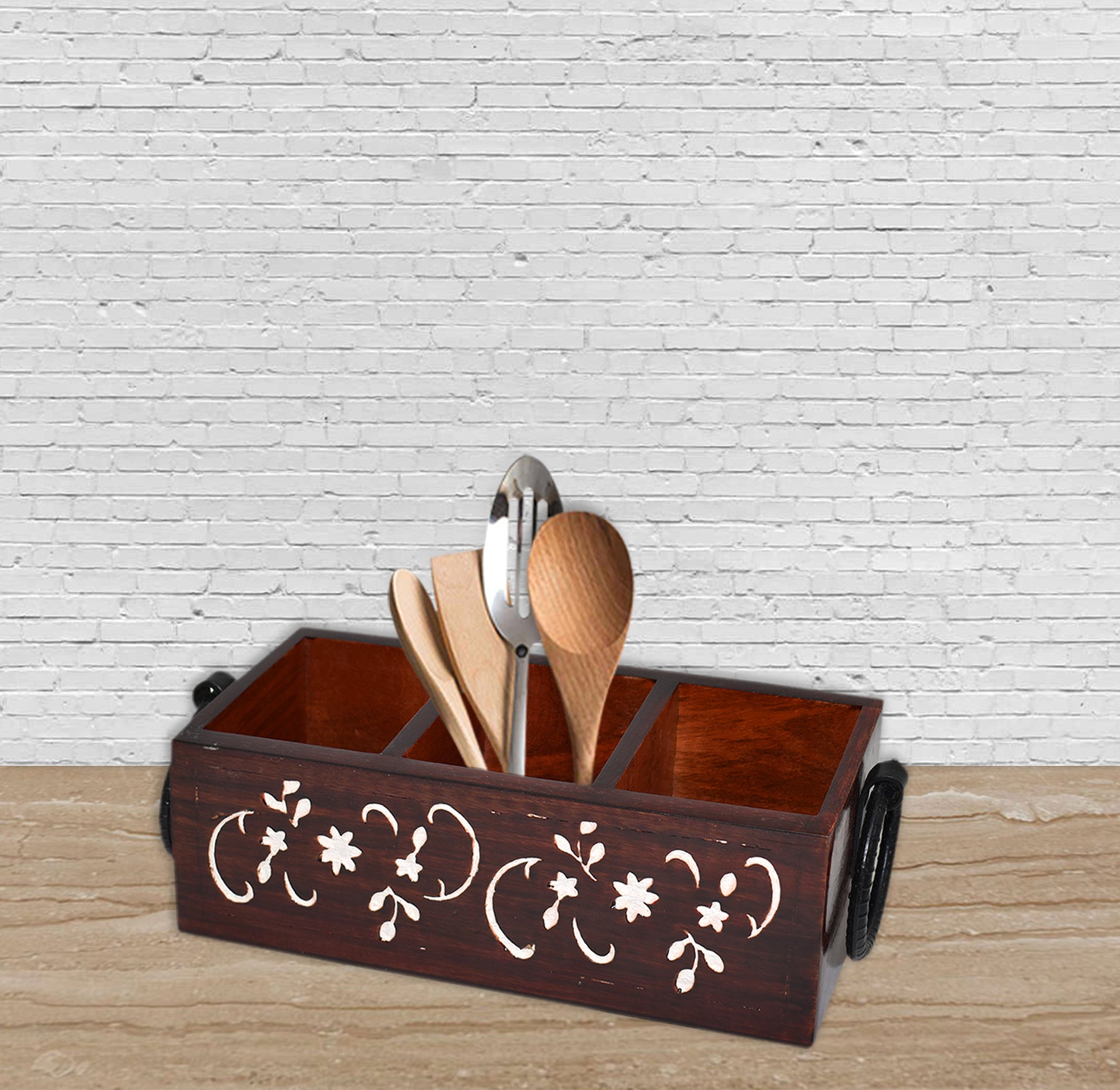 Wooden Carved, Utensil Caddy (GD1699B)