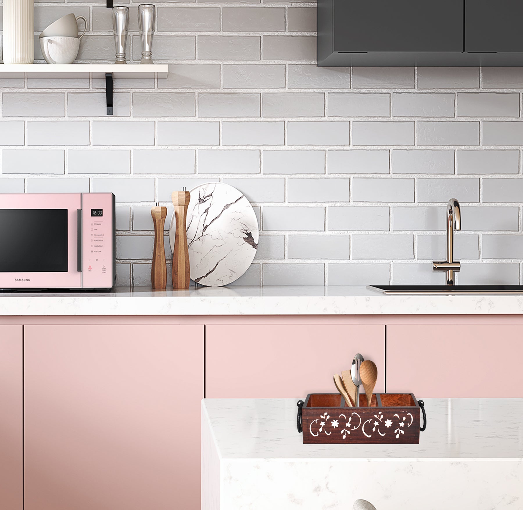 Wooden Carved, Utensil Caddy (GD1699B)