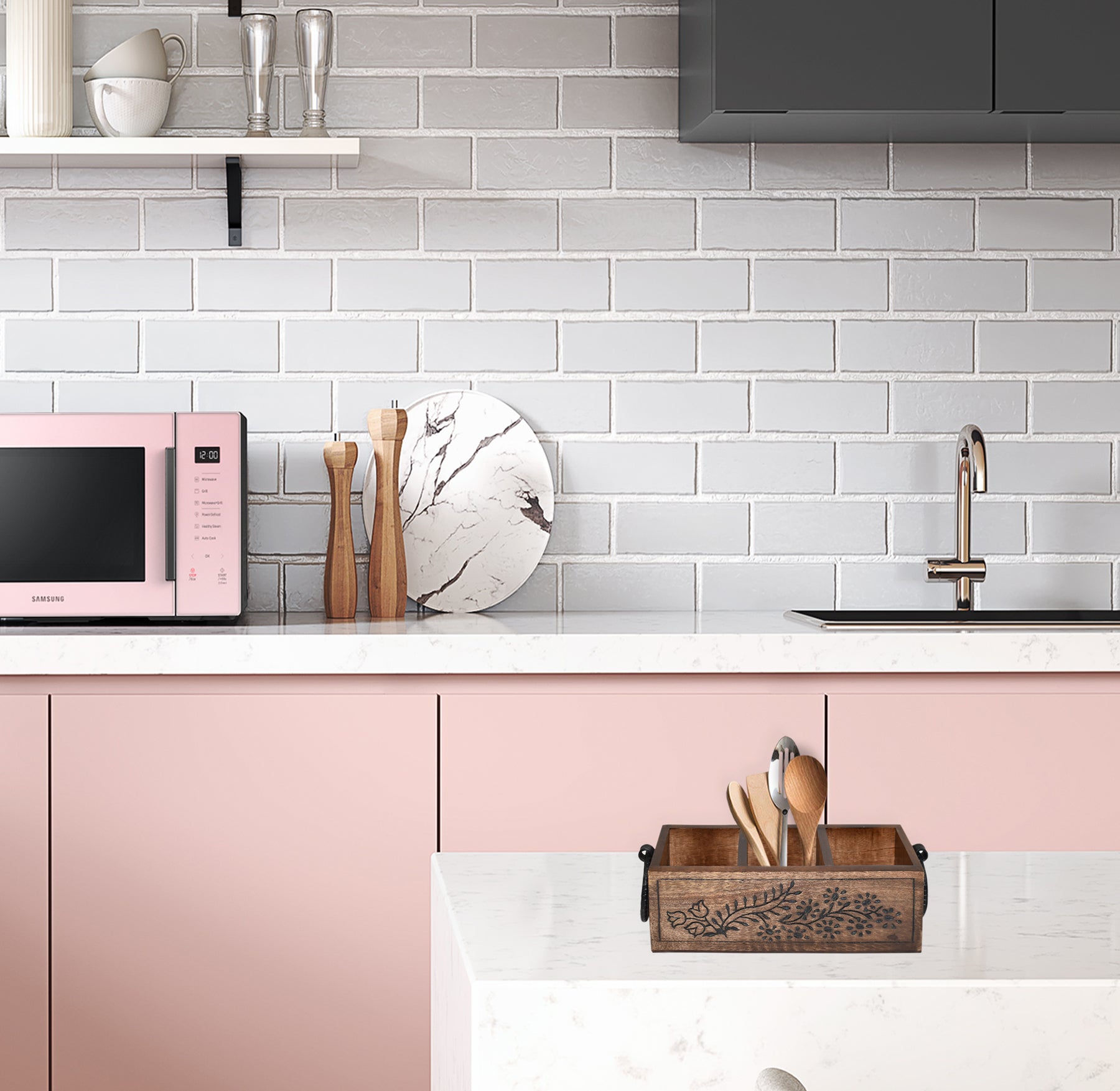 Wooden Carved, Utensil Caddy (GD1699C)