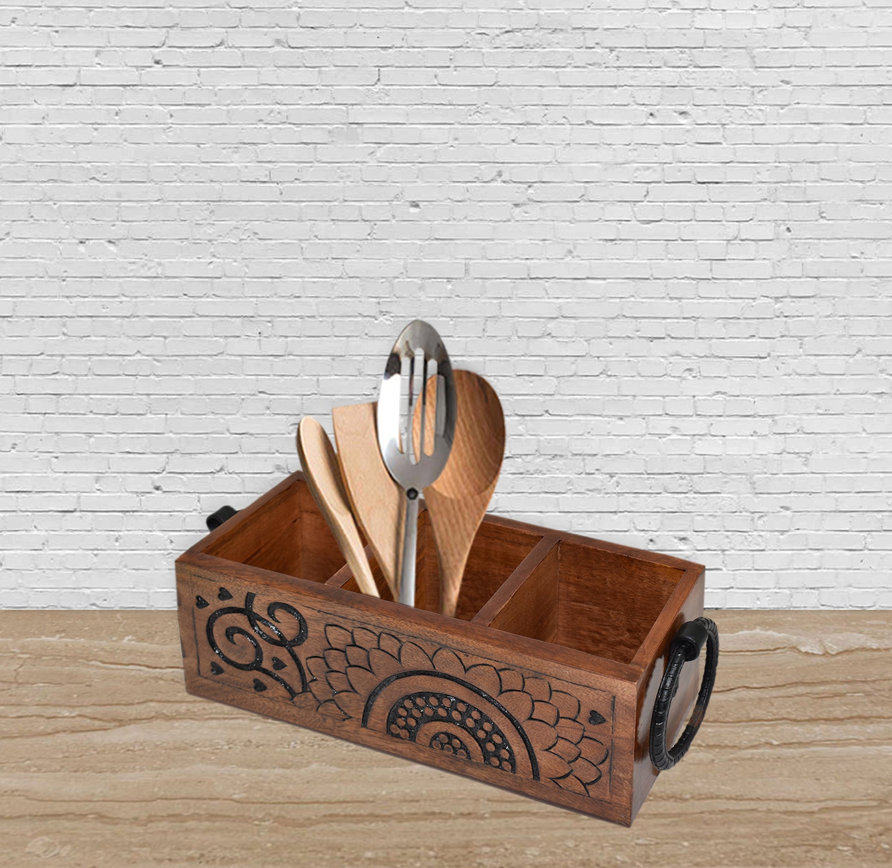 Wooden Carved, Utensil Caddy (GD1699D)