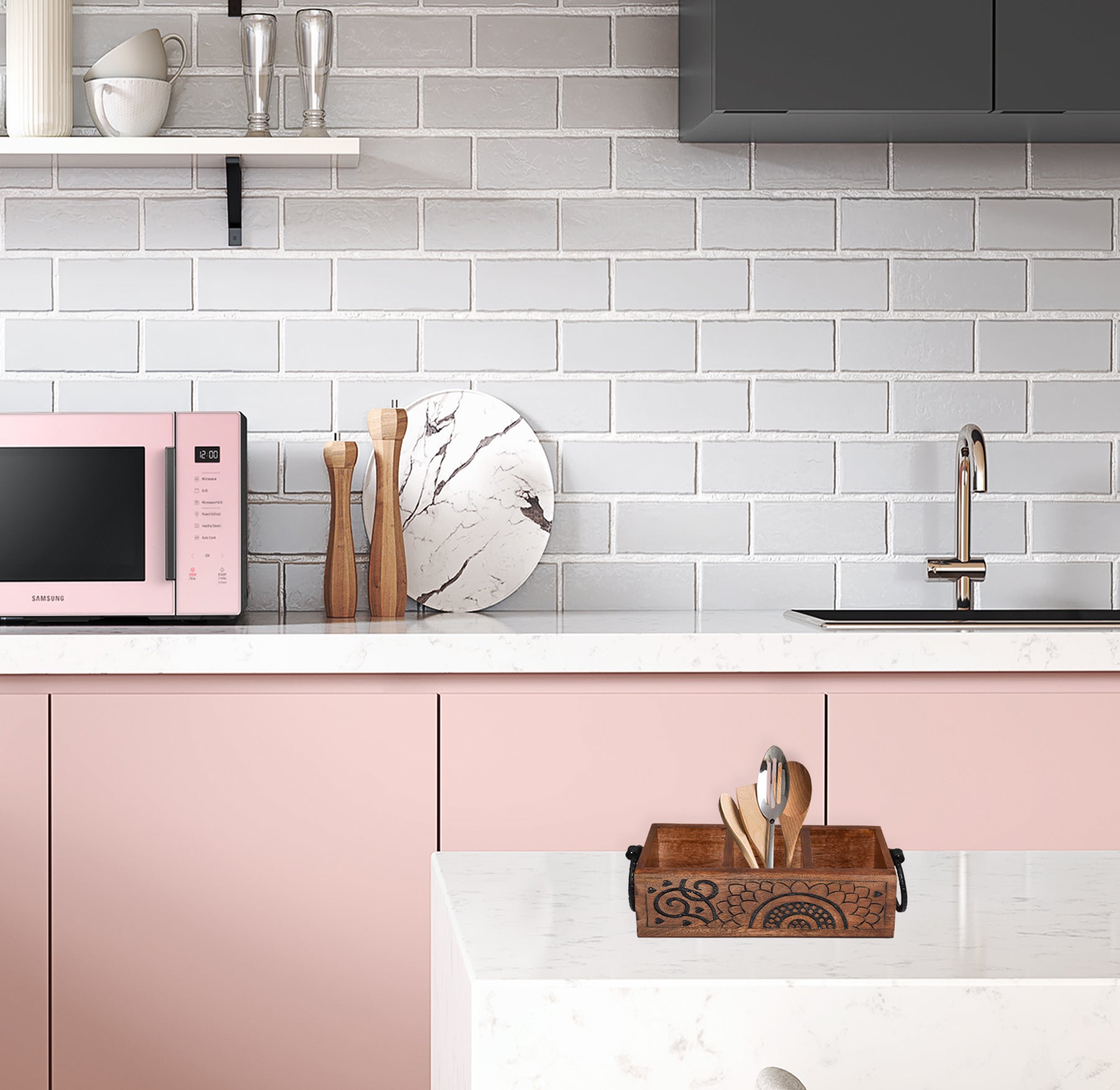 Wooden Carved, Utensil Caddy (GD1699D)