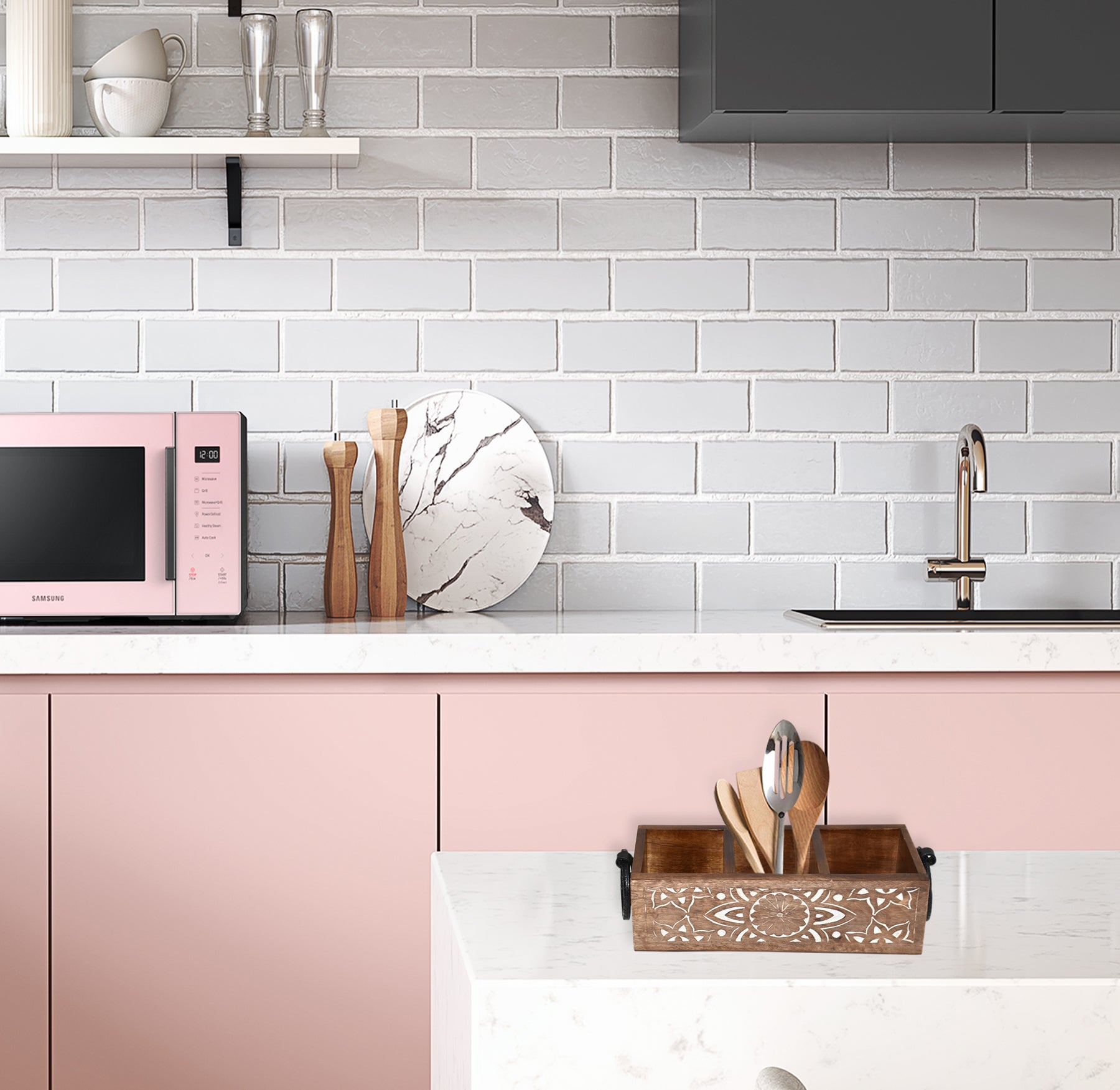 Wooden Carved, Utensil Caddy (GD1699E)