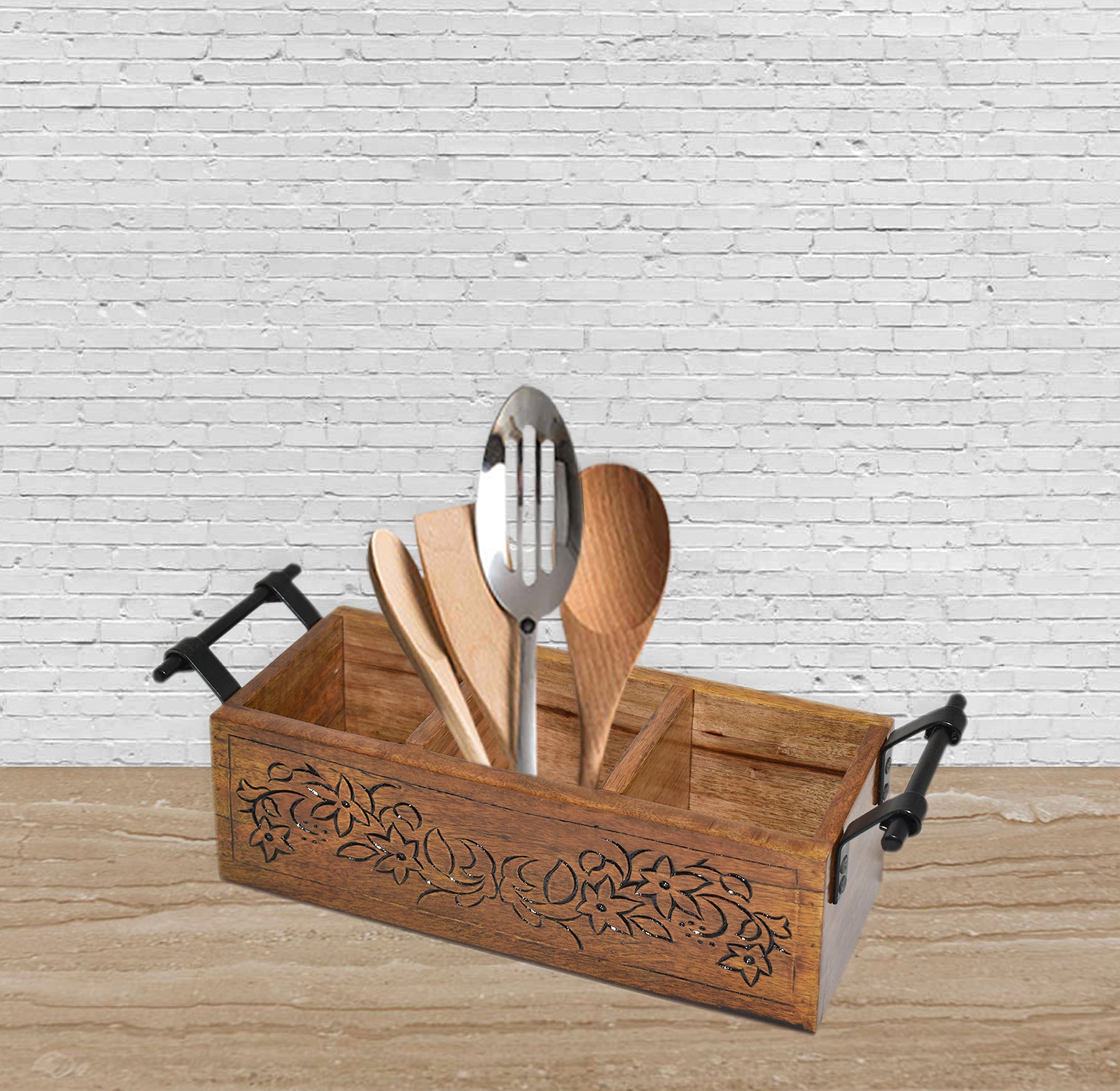 Wooden Carved, Utensil Caddy (GD1699F)